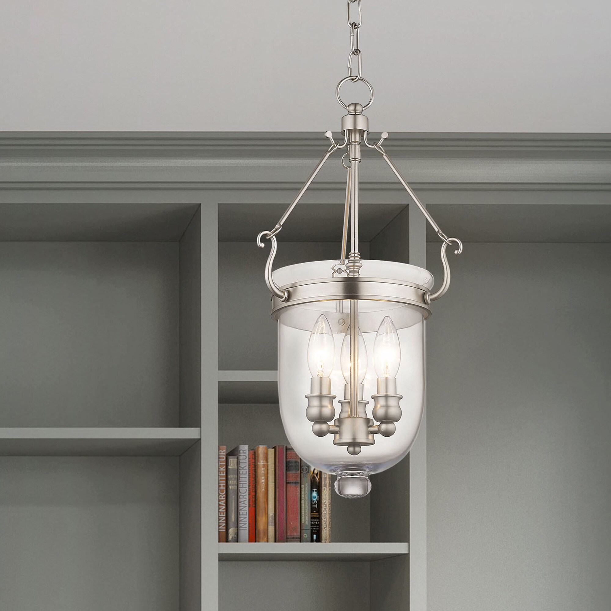 Elegant Brushed Nickel 3-Light Indoor/Outdoor Glass Jar Chandelier