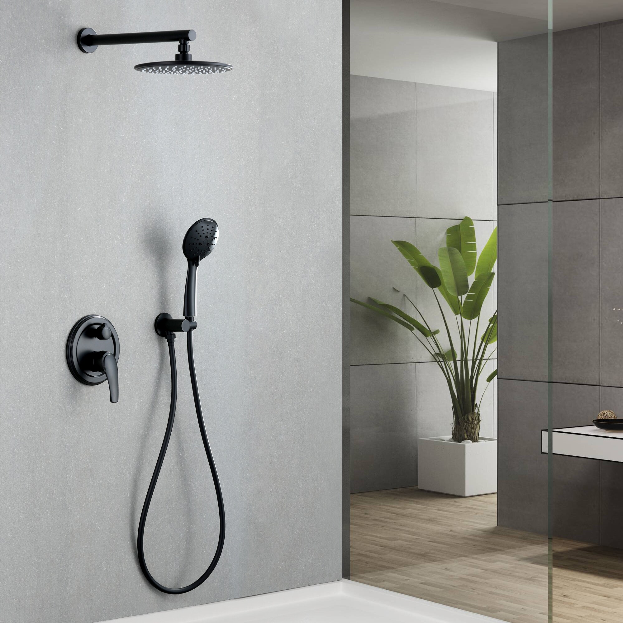 WELLFOR Matte Black 9-in Waterfall Dual Head Built-In Shower Faucet ...