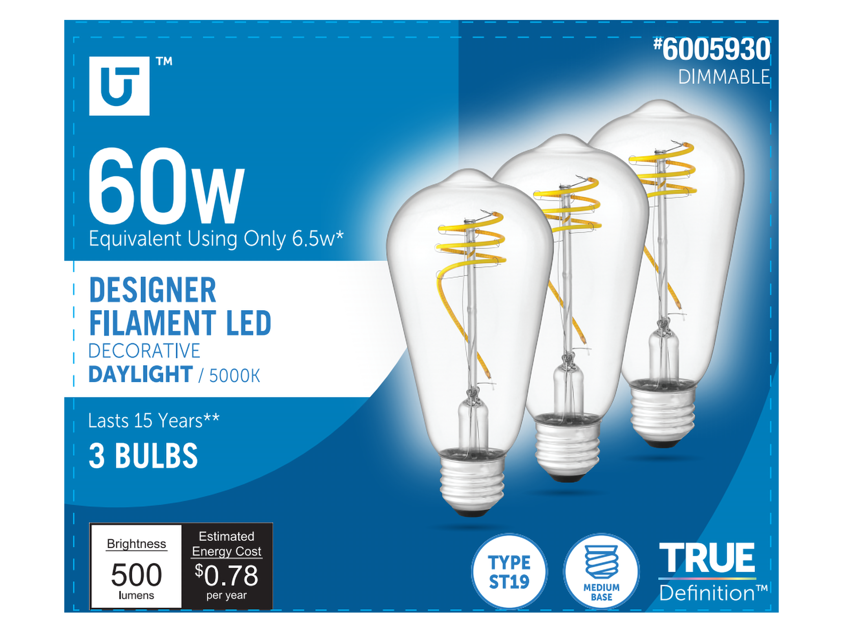 Utilitech 5ST19DG6.5WRSCL50K3P Delicate Twist 60 -Watt EQ ST19 Daylight E26 Dimmable LED General purpose Light Bulb 3 -Pack