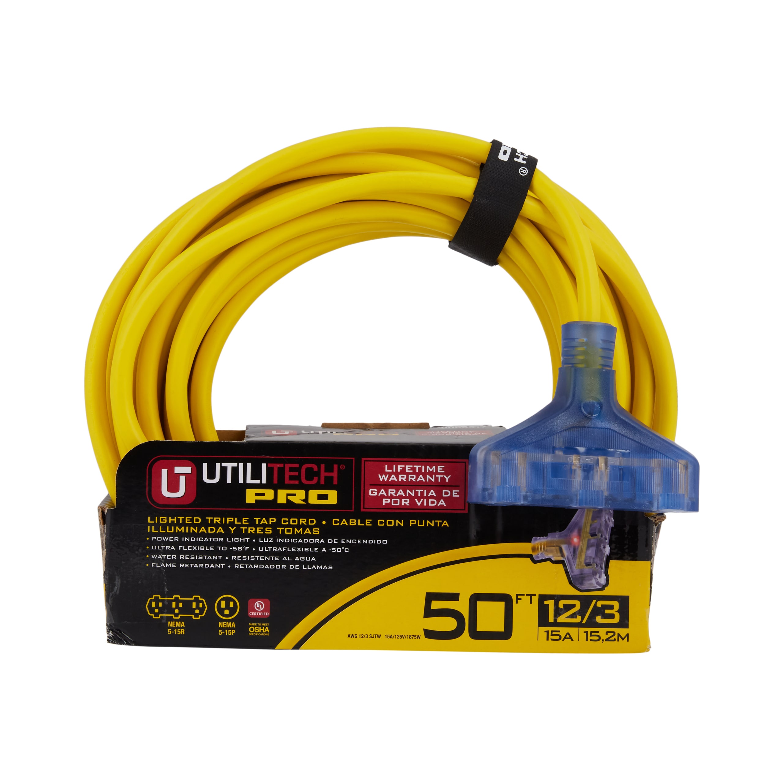Utilitech Outdoor 50-ft 12/3-Prong Outdoor Sjtw Heavy Duty Lighted Extension  Cord in the Extension Cords department at