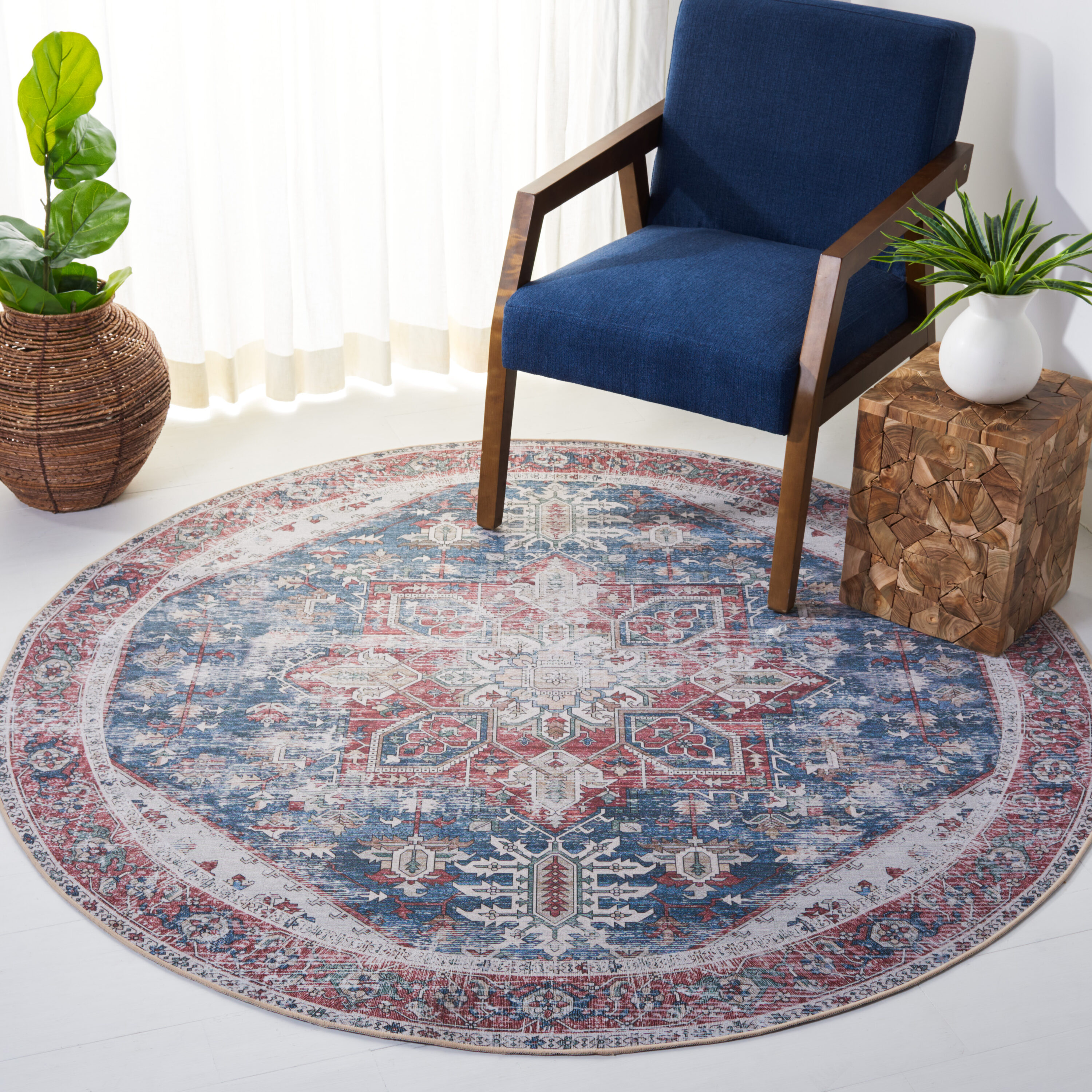 Safavieh TSN102N-6R Tucson 6 x 6 (ft) Loomed Polyester Navy/Red Round Indoor Border Machine washable Area rug