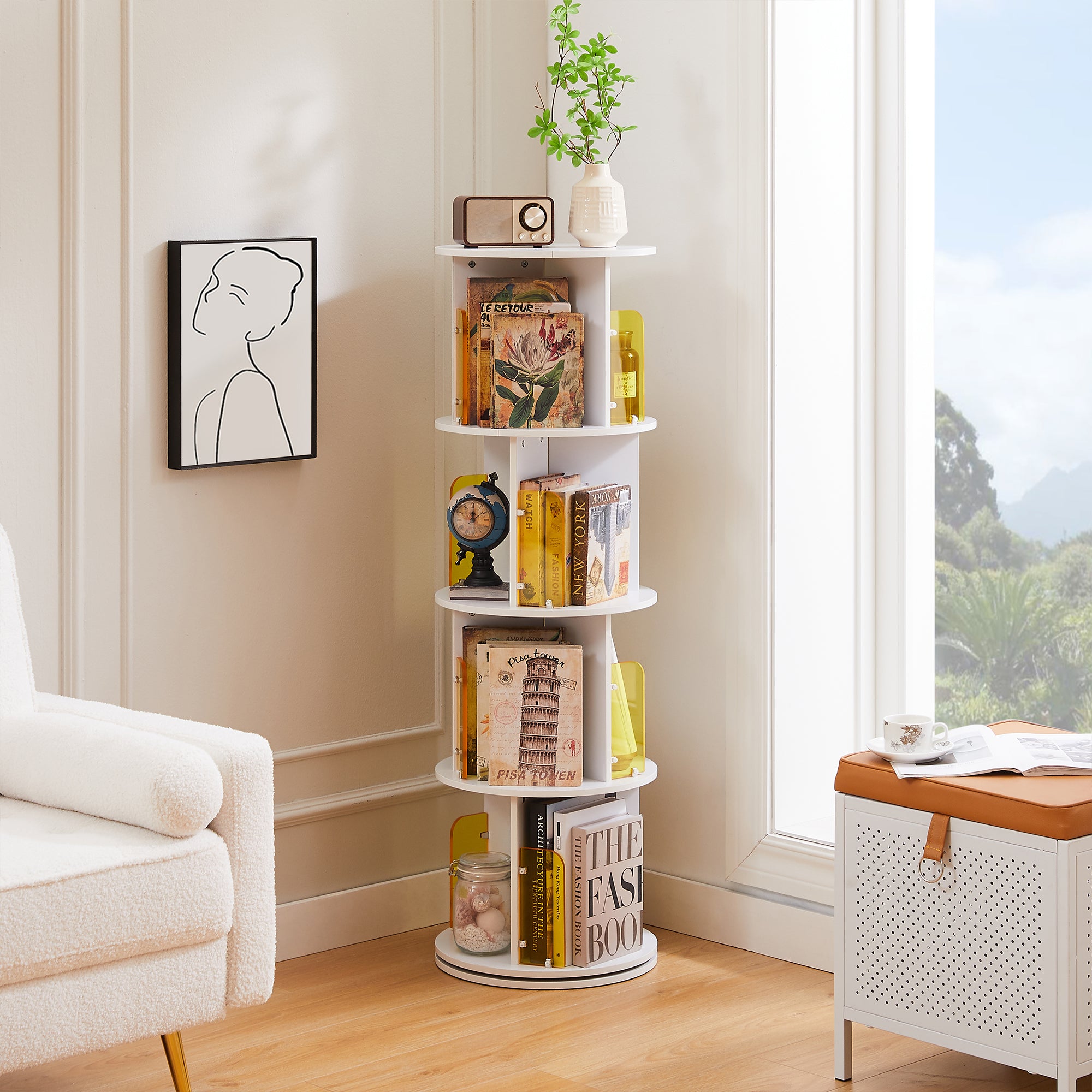 Vecelo LOE-B14-WHT 4 Tier Revolving Bookshelf Tower Display Floor Standing Storage Rack with Acrylic Visible Window Partition for Bedroom Living Room Home and Office