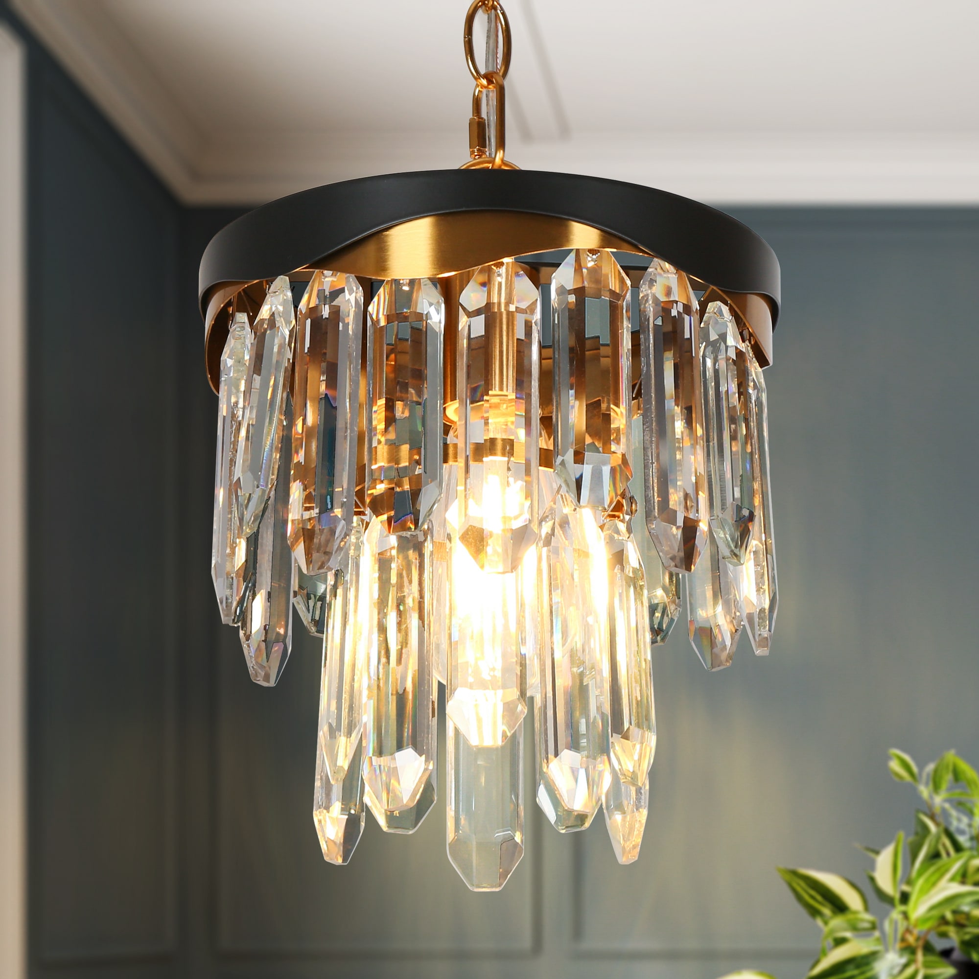 Mini Matte Black and Gold Crystal Drum Pendant Light