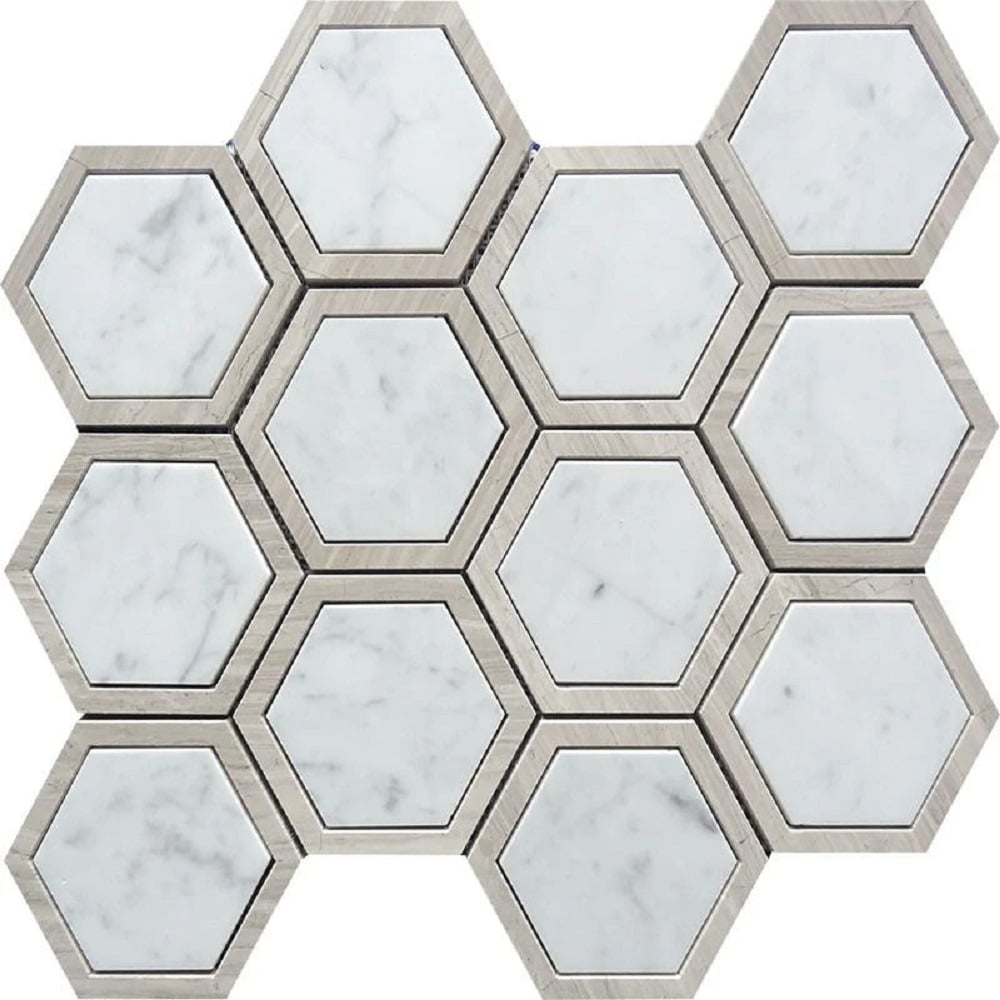 Apollo Tile (Sample) Floor and Wall Tile Wooden Gray and White 4-in x 4-in Polished Marble Honeycomb Patterned Floor and Wall Tile