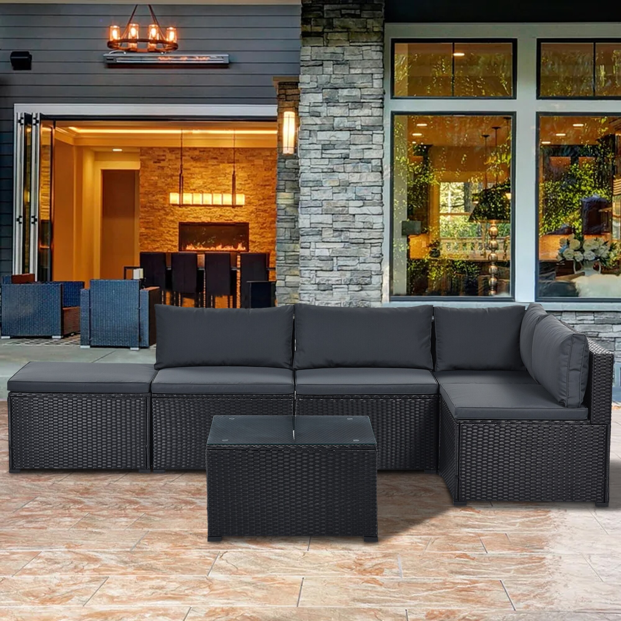 Mondawe 6-Piece Rattan Patio Conversation Set with Gray Cushions in the ...