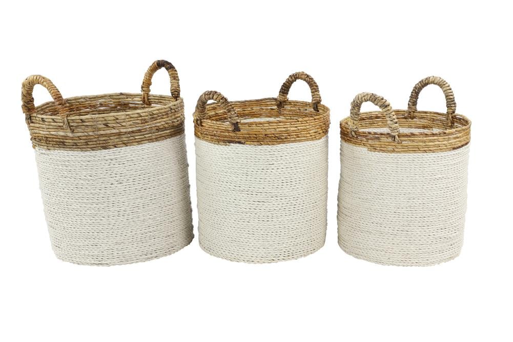 Handwoven White and Natural Seagrass Round Storage Baskets, Set of 3