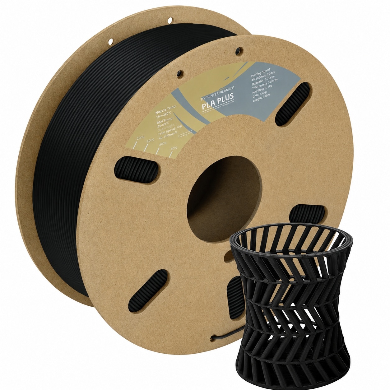 Linder Group Inc PLA plus filament 175mm black 1kg spool high impact strength tough 3D printer material jam free smooth printing tangle free cardboard spool