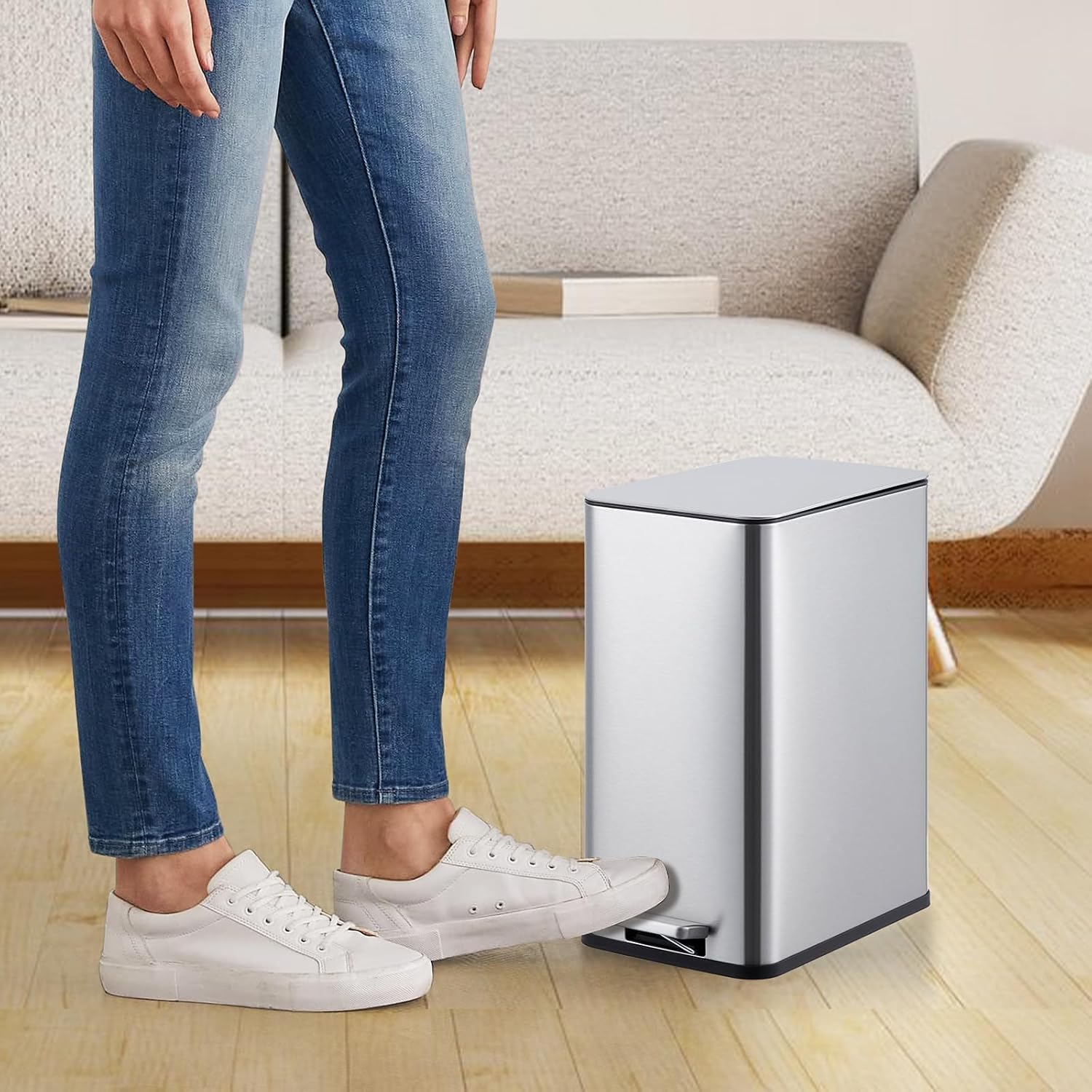 Qeetex JBX-PIS013V3VG5 2 Point 6 Gallon 10 Liter Stainless Steel Kitchen Trash Can With Soft Close Lid Step On Pedal Removable Inner Bucket Brushed Finish Compact Rectangular Design For Bathroom Silver