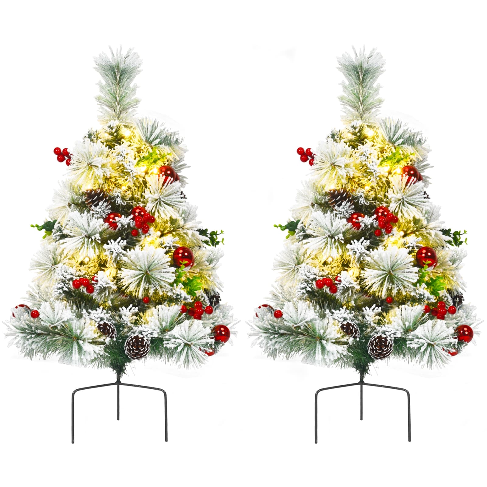 SUGIFT Pre-Lit 2-ft Set Of 2 Battery-Powered 30-LED 8-Mode Flocked Christmas Pine Pathway Trees