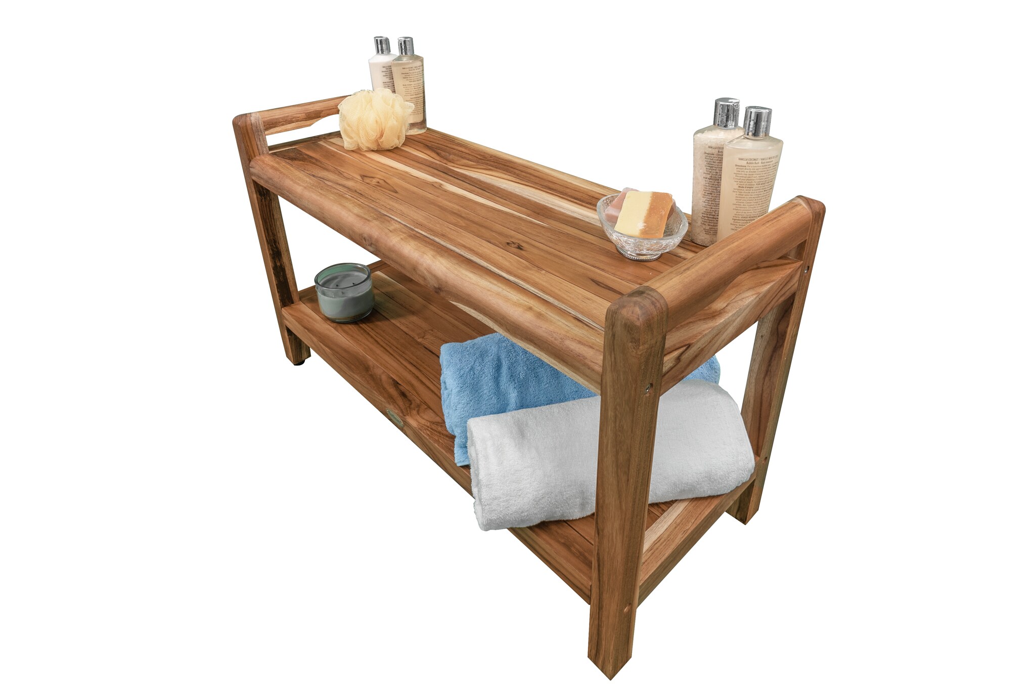 Teak Freestanding Shower Bench with Shelf and LiftAide Arms