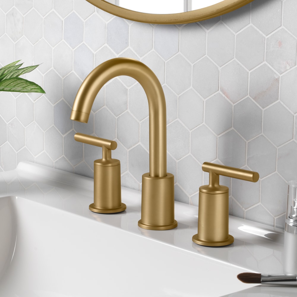 Project Source BPS-104-BG Larton Brushed Gold Widespread 2-handle WaterSense High-arc Residential Handle Bathroom Sink Faucet with Drain