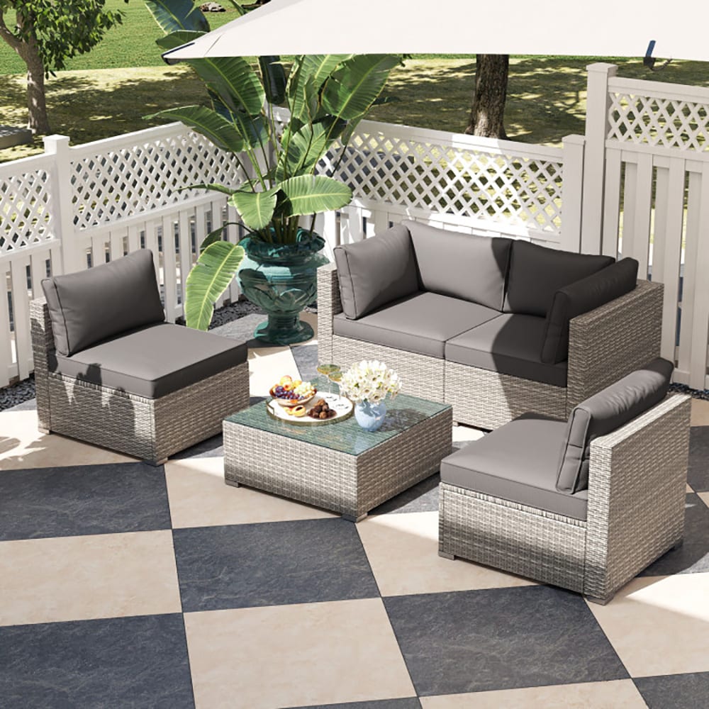 CASAINC CN-WFQ09-BR-BL 5 -Piece Rattan Patio Conversation Set with Gray Cushions