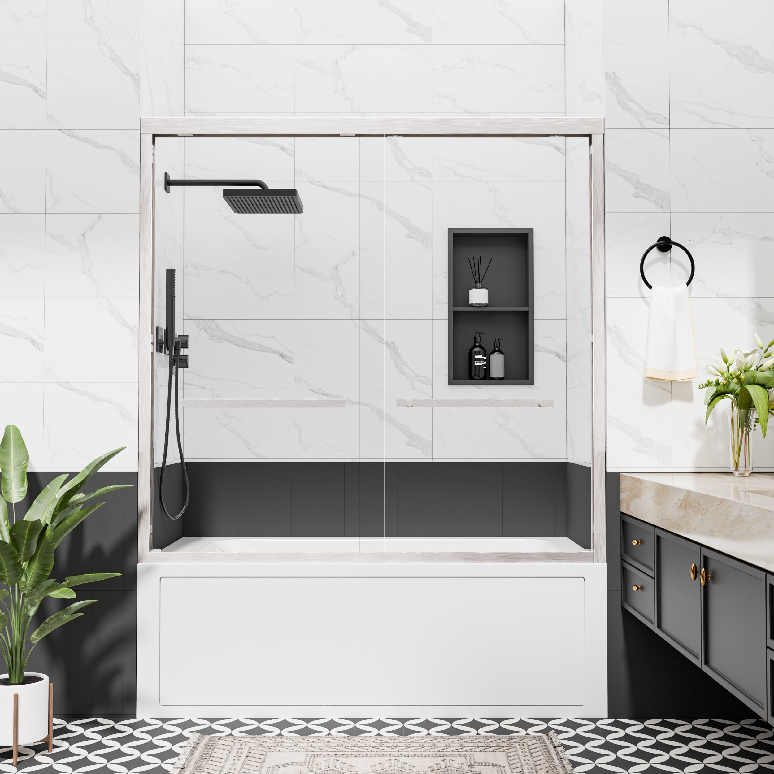 Velusian 56-60 in. W x 60 in. H Bypass Sliding Framed Bathtub Door with 5/16 in. Clear Tempered Glass Brushed Nickel