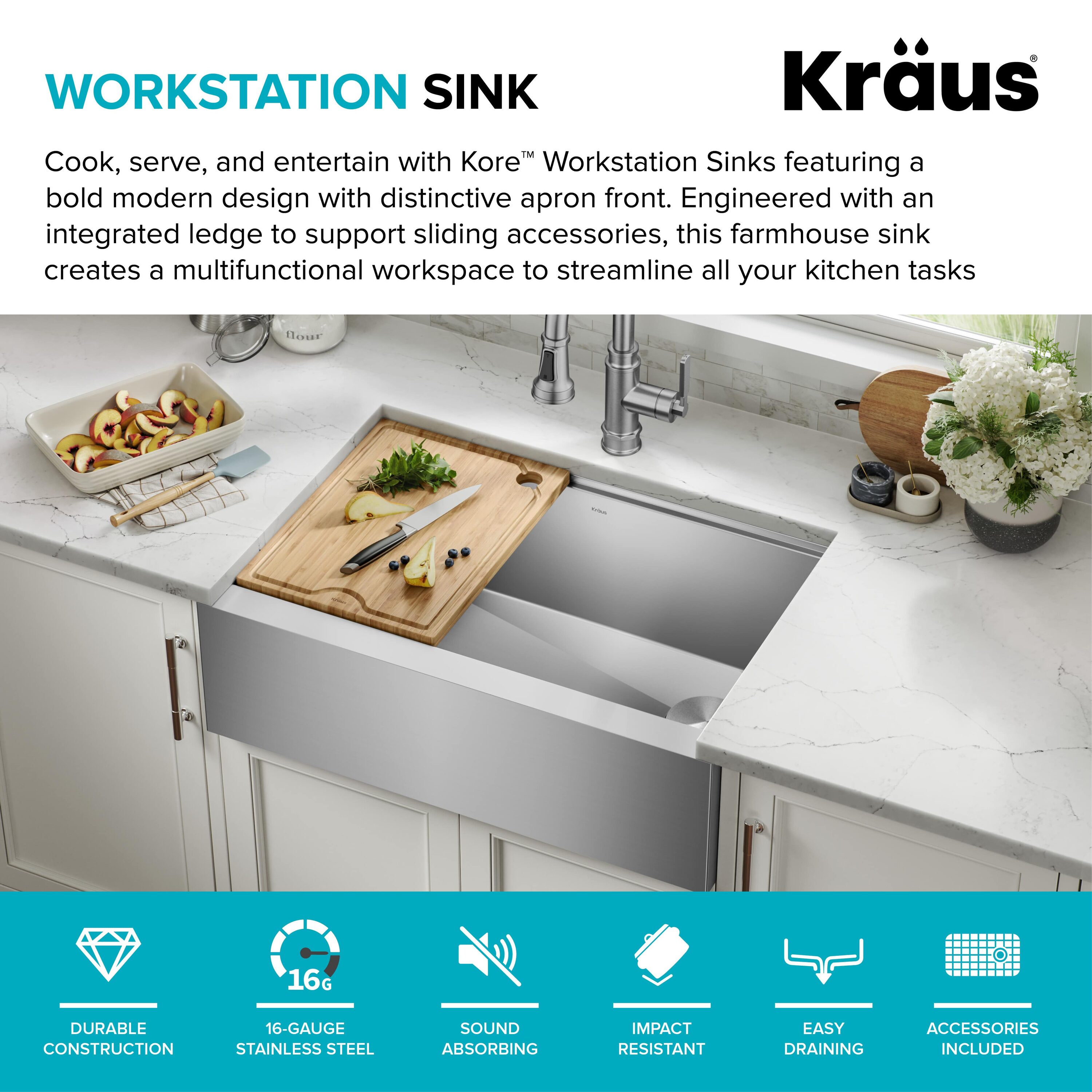 KRAUS 12 in. Solid Bamboo Workstation Kitchen Sink Cutting Board