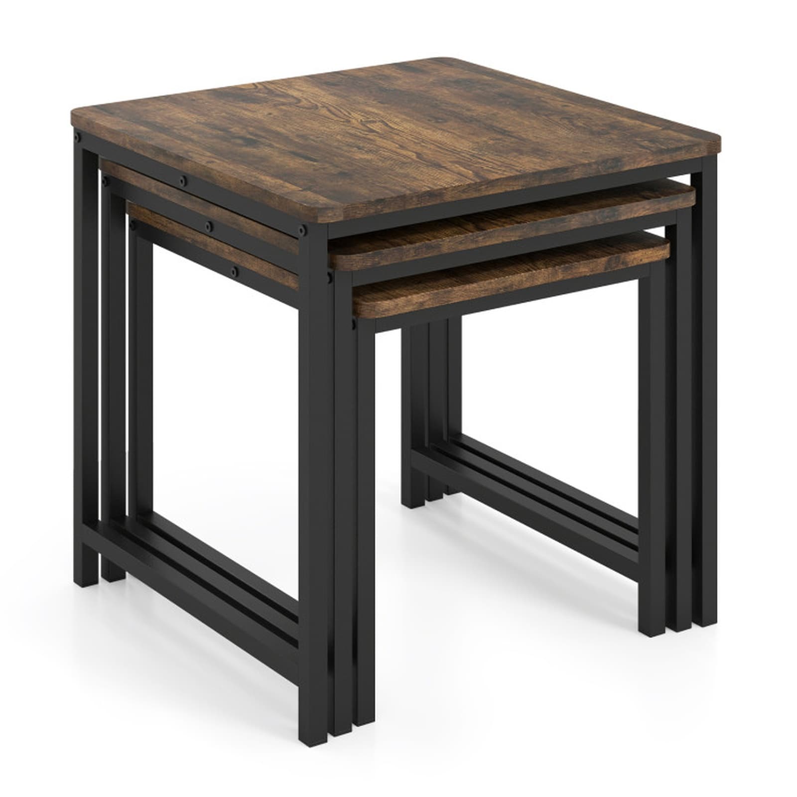 SUGIFT Nesting Table Set of 3 Industrial Side Tables with Metal Frame and Crossbar Support 90-lb Capacity Stacking End Tables - Rustic Brown