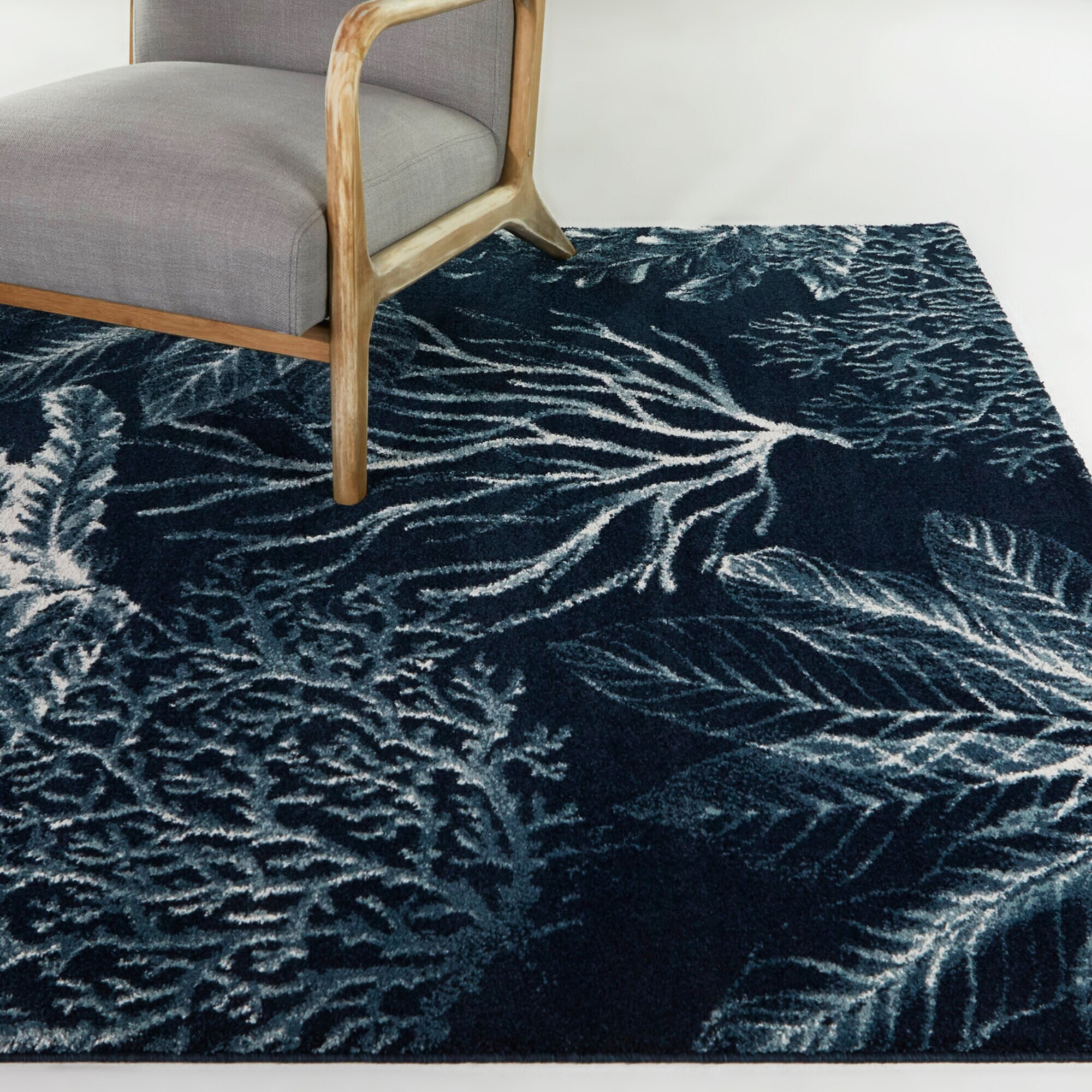 Navy Blue Synthetic Rectangular Tropical Botanical Area Rug