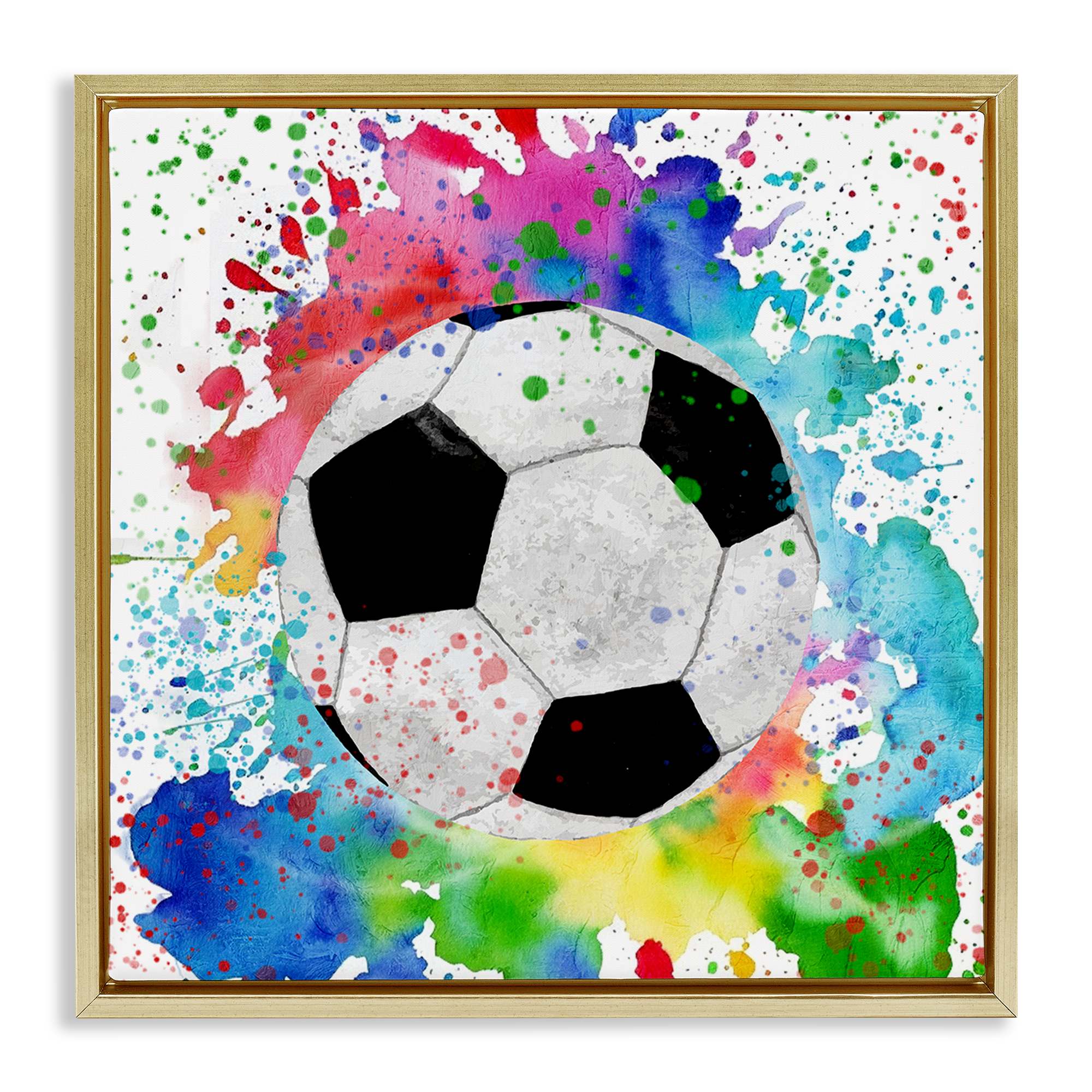 Stupell Industries BS-050-FFG-17X17 Vivid Splash and Soccer Ball Gold Framed Floater Canvas Wall Art By Kim Allen 18 x 18