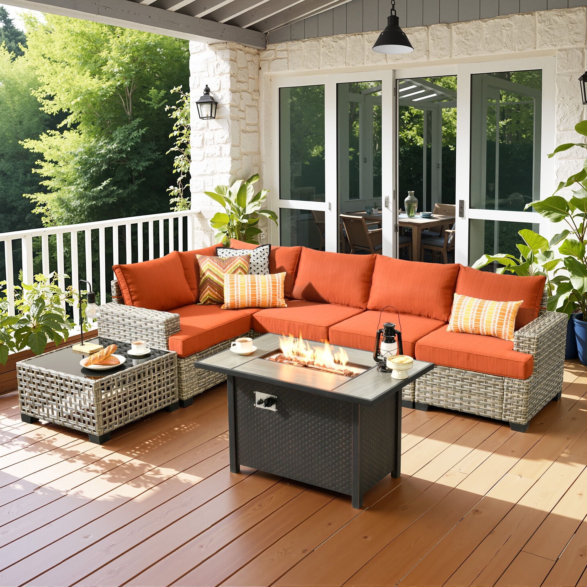 ALTRIGUS 6L-CFP03-TBS807-AL 7 -Piece Wicker Patio Sofa Conversation Set with Orange Cushions