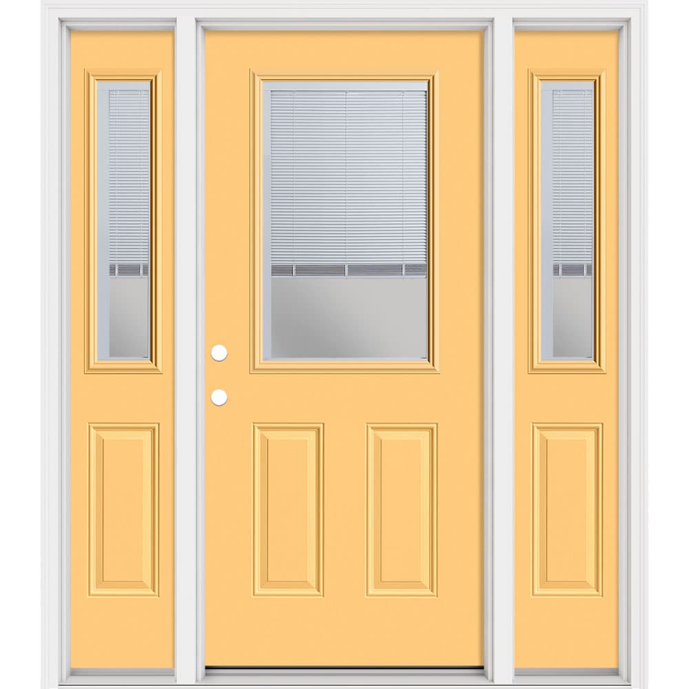 Masonite 321490 Steel Doors Series 64-in x 80-in x 4-9/16-in Steel Half lite Right-hand inswing Cabana Yellow Painted Prehung Front Door with Sidelights with Brickmould Insulating core