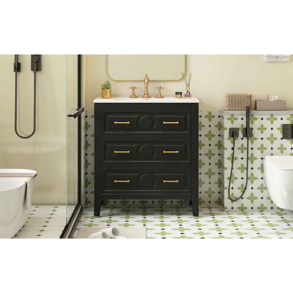 JUJABU BATHVANITY -4 Black 30Inch Bathroom Vanity with Ceramic Sink Combo Free Standing Single Vanity Set with 3 Drawers