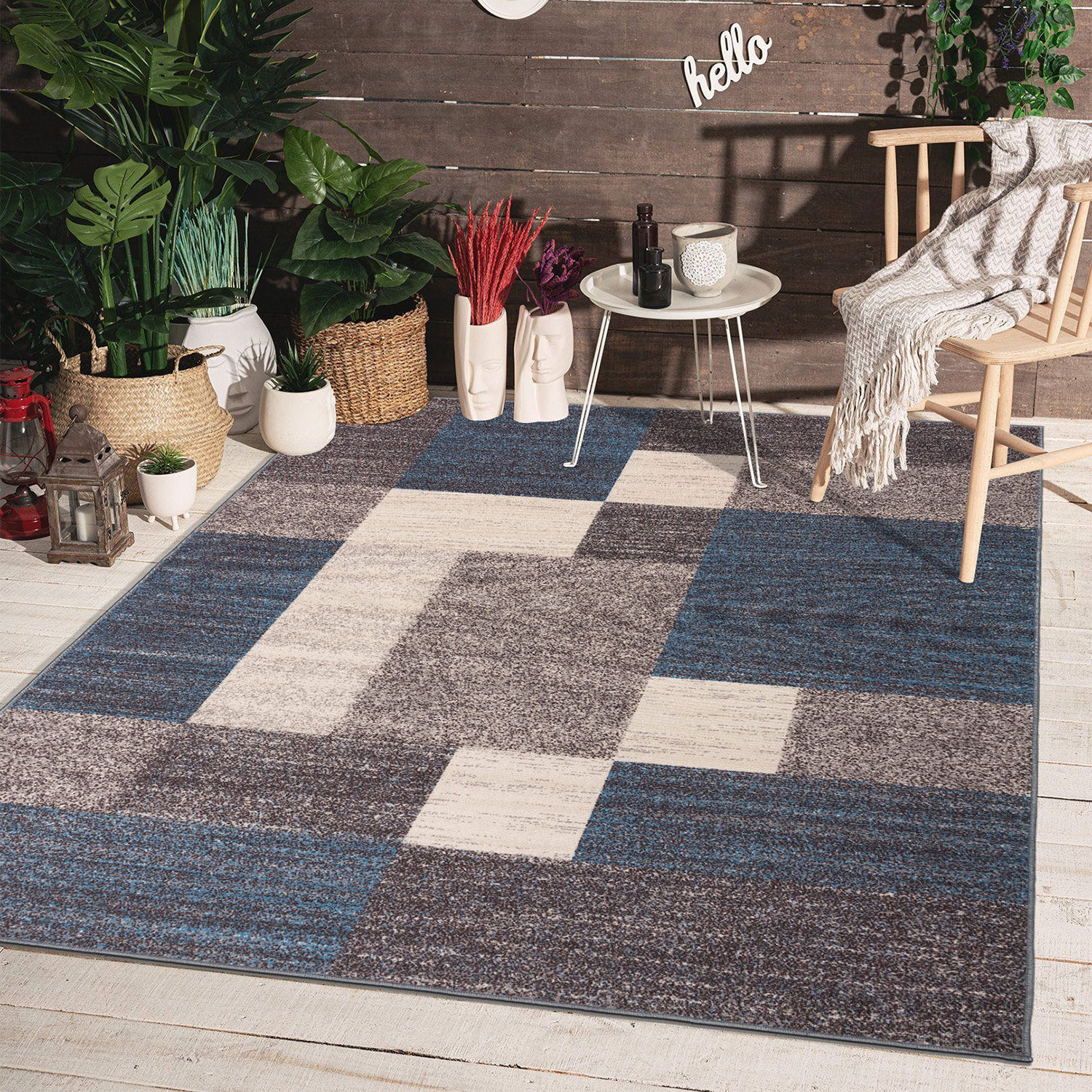 World Rug Gallery Geometric Boxes Design Non-Slip (Non-Skid) Blue 1 ft. 8 in. x 2 ft. 6 in. Indoor Area Rug