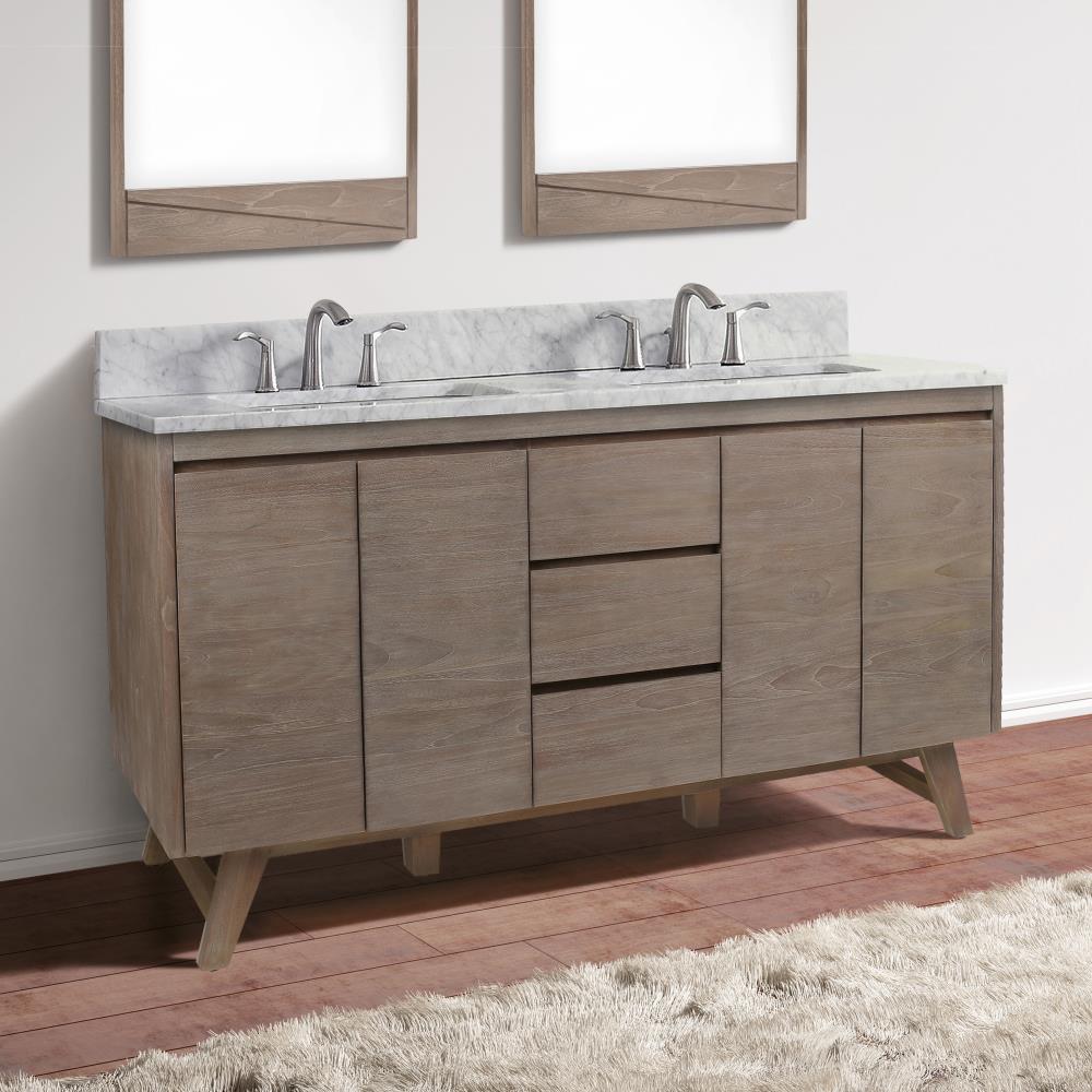 60-Inch Gray Teak Double Freestanding Vanity with Solid Wood Cabinet