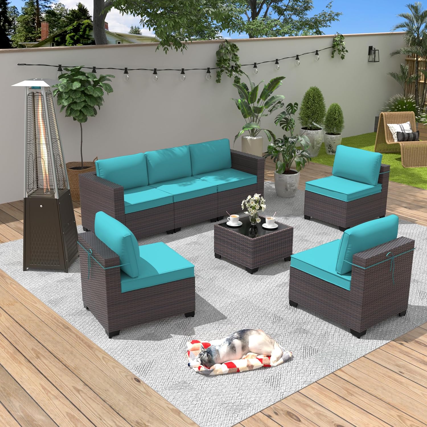 ALAULM LS-7PCS+PH-BLUE 8-Piece Rattan Patio Conversation Set with Blue Cushions