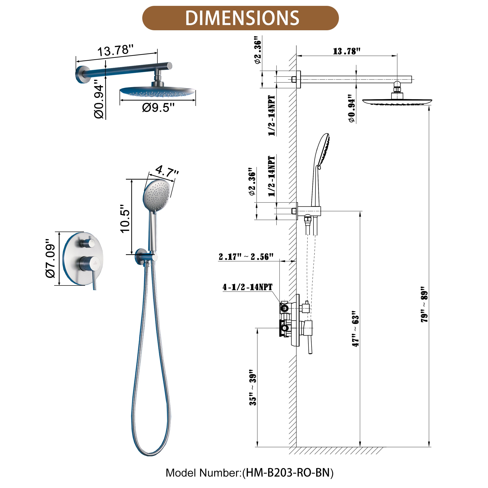 Clihome MS-A3794-MB Showerhead-Bar-Panels - View #3