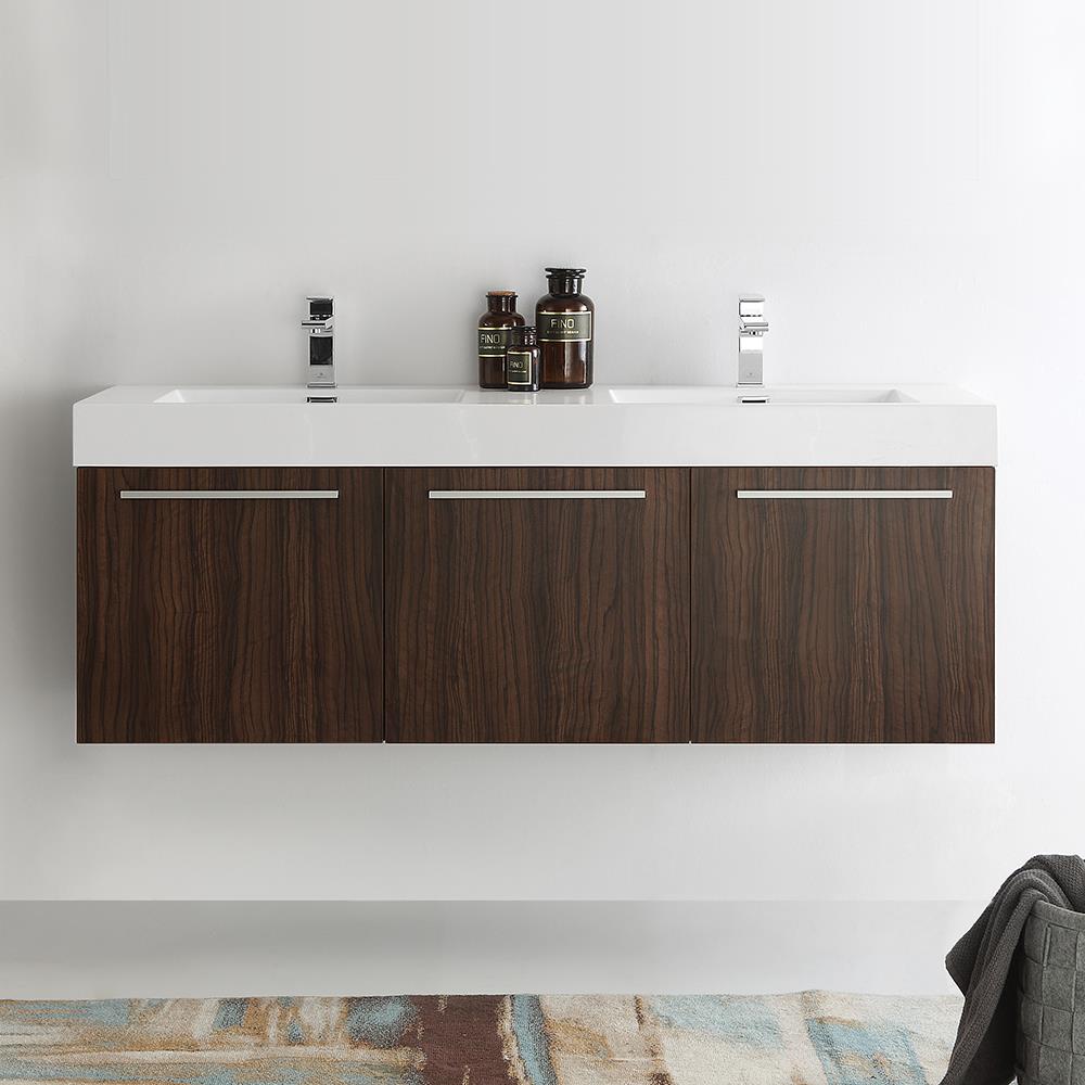 Fresca FCB8093GW-D-I Vista 60-in Walnut Double sink Floating Bathroom Vanity with White Acrylic Top