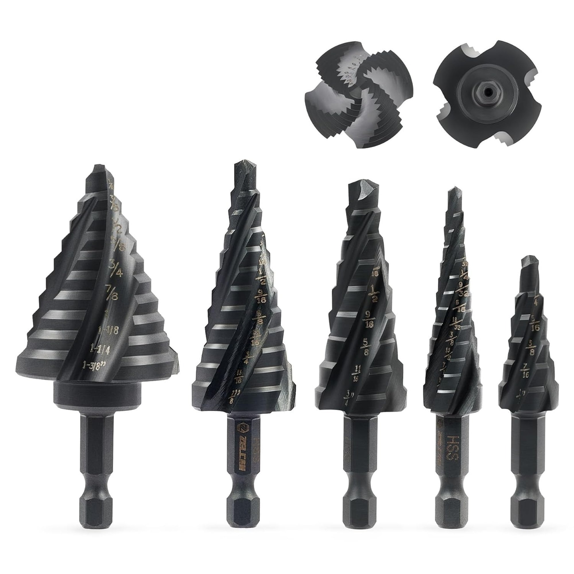 Angel Sar 5 Pcs Step Drill Bit Set Four Spiral Flute 50 Sizes Titanium Coated HSS with 1/4 in Hex Shank for Metal Stainless Steel Aluminum Wood Plastic