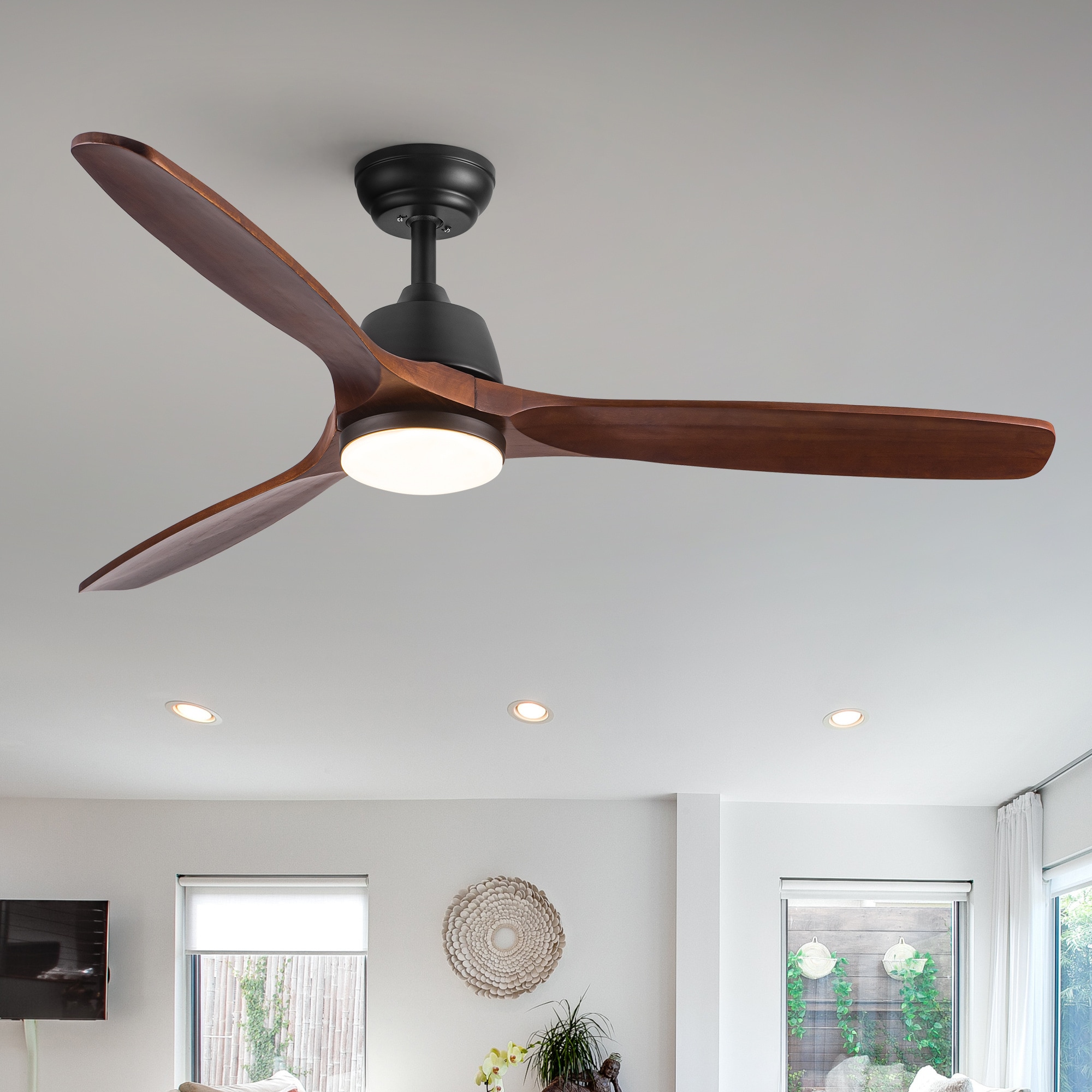 BABOOM BOM-P169461-OR 52-in Color-Changing Integrated LED Matte Black with Brown Blades Ceiling Fan With Light - Remote Included ( 3 -Blade )
