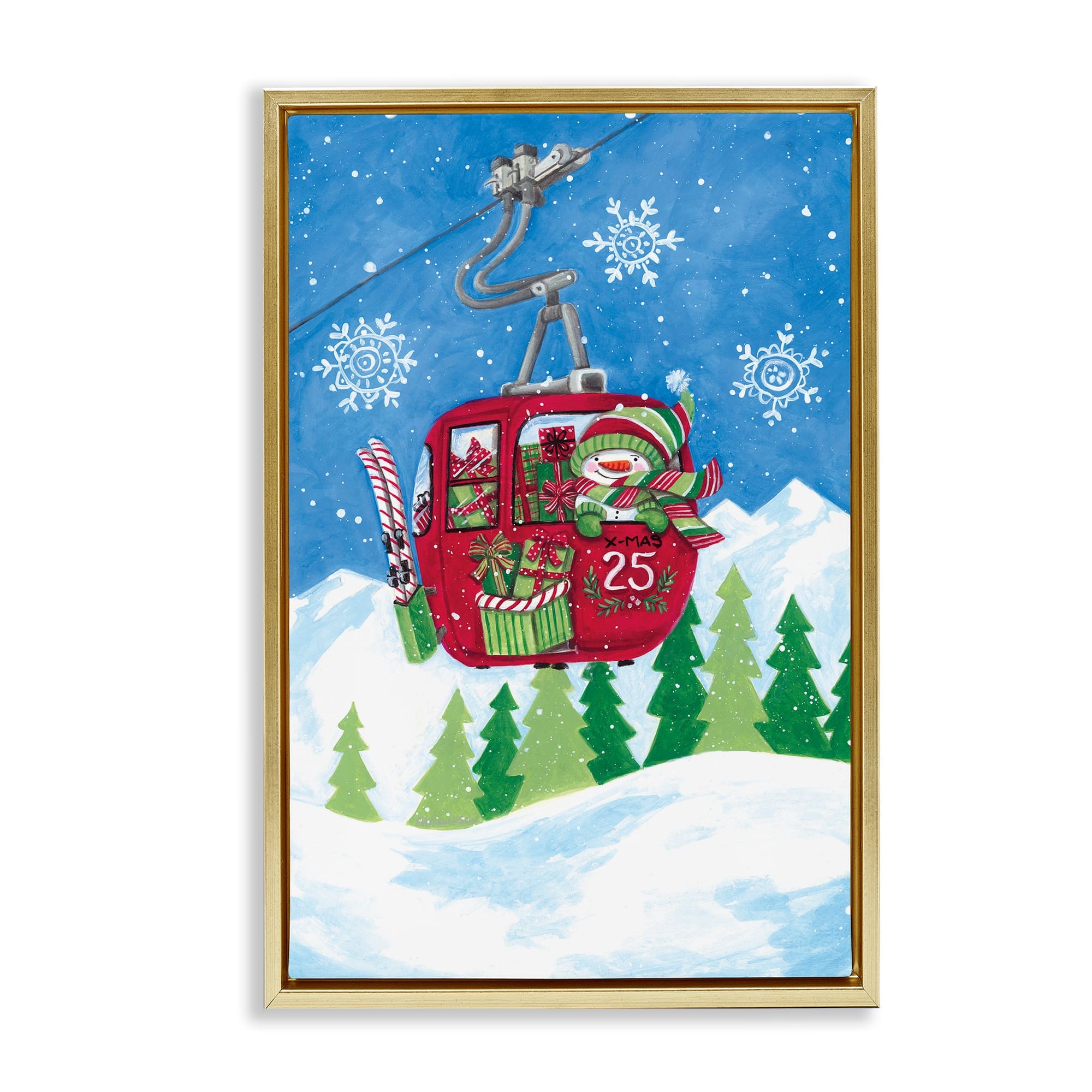 Stupell Industries  Snowman on Ski Lift Gold Framed Floater Canvas Wall Art By Diane Kater 17 x 25