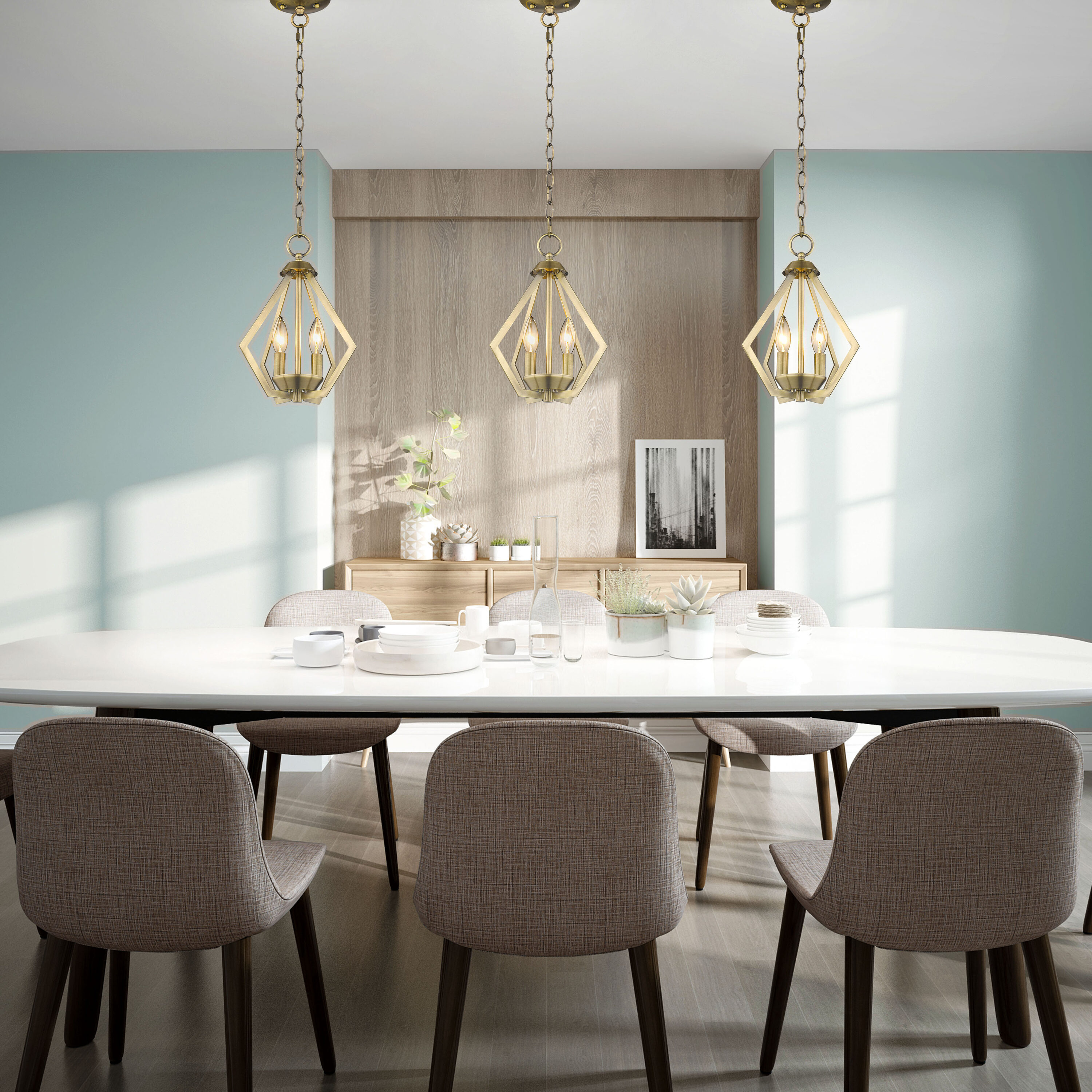 Mini Geometric Brass Pendant Light with Steel Frame