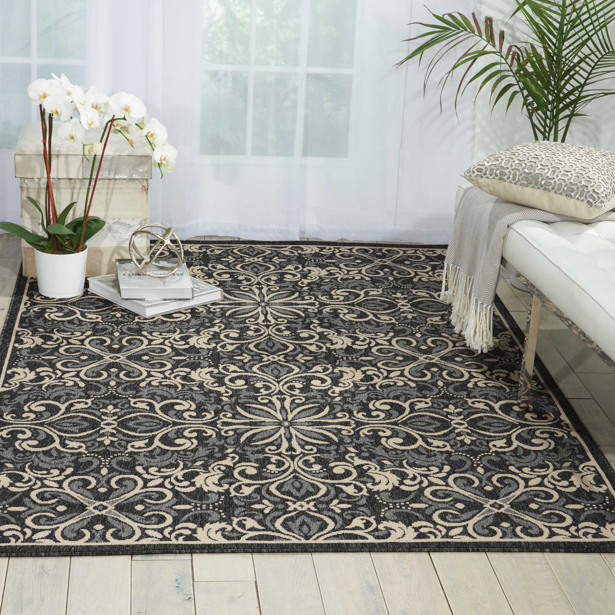 Nourison 37490 Caribbean 5 x 7 (ft) Polypropylene Charcoal Rectangular Indoor/Outdoor Geometric Coastal Area rug