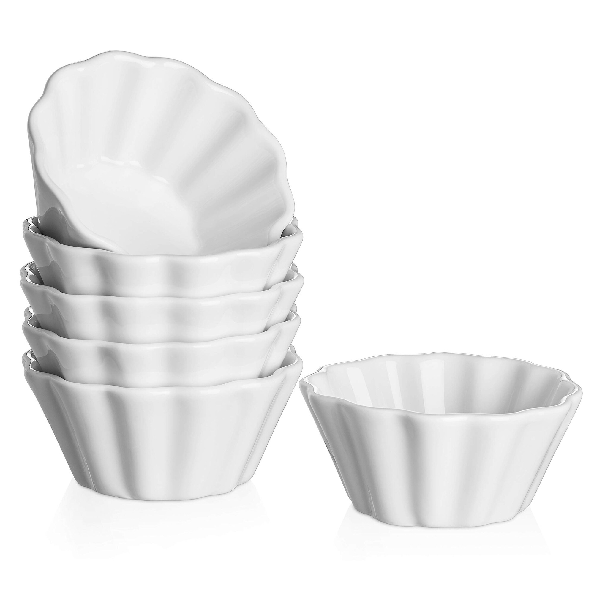 DHMHD  Flower Shaped Porcelain Ramekins Oven Safe Baking Bowls 6 oz Soft White Elegant Souffle Custard Pudding Dessert Dish Stackable Set of 6
