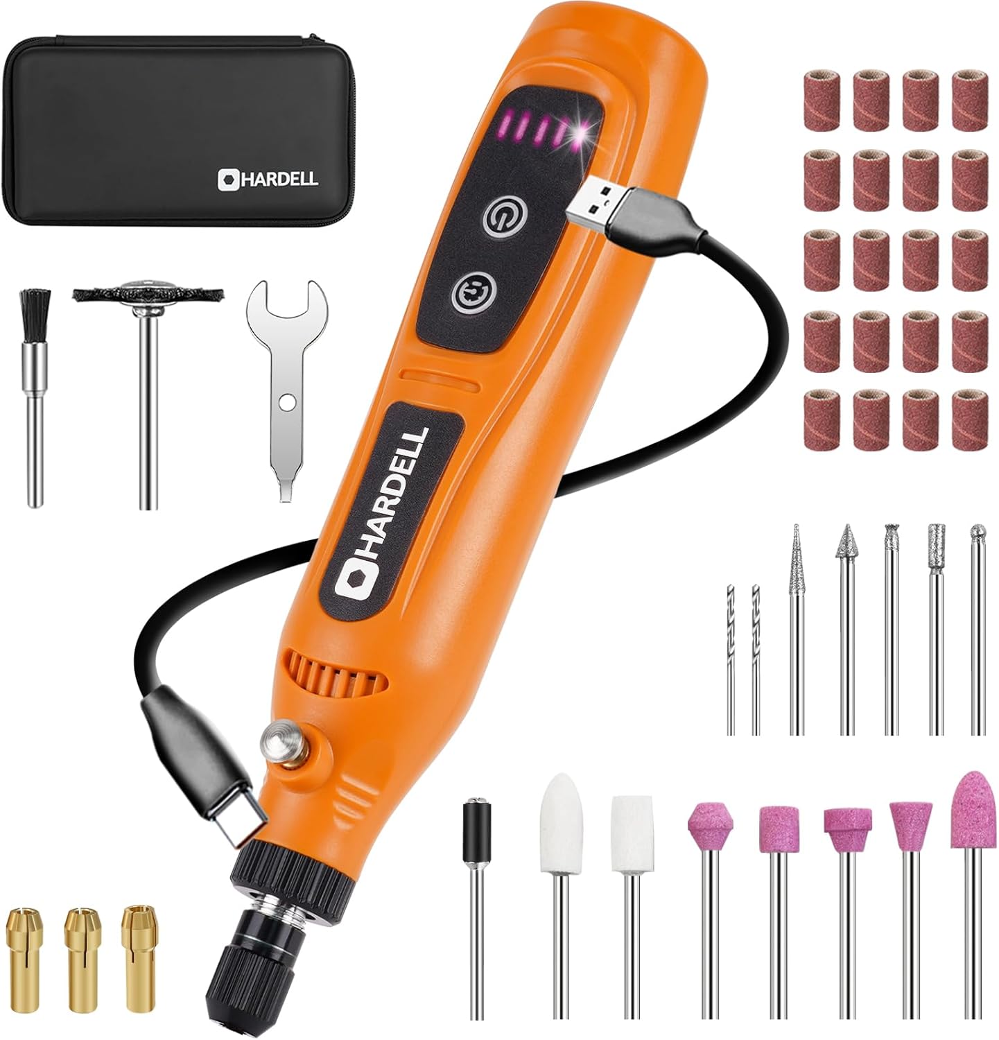 HARDELL B0DZCSDYWT Mini Cordless Rotary Tool Kit with 43 Accessories 5 Speed 3.7V Type C Charging for Sanding Polishing Engraving Carving Grinding and DIY Crafts