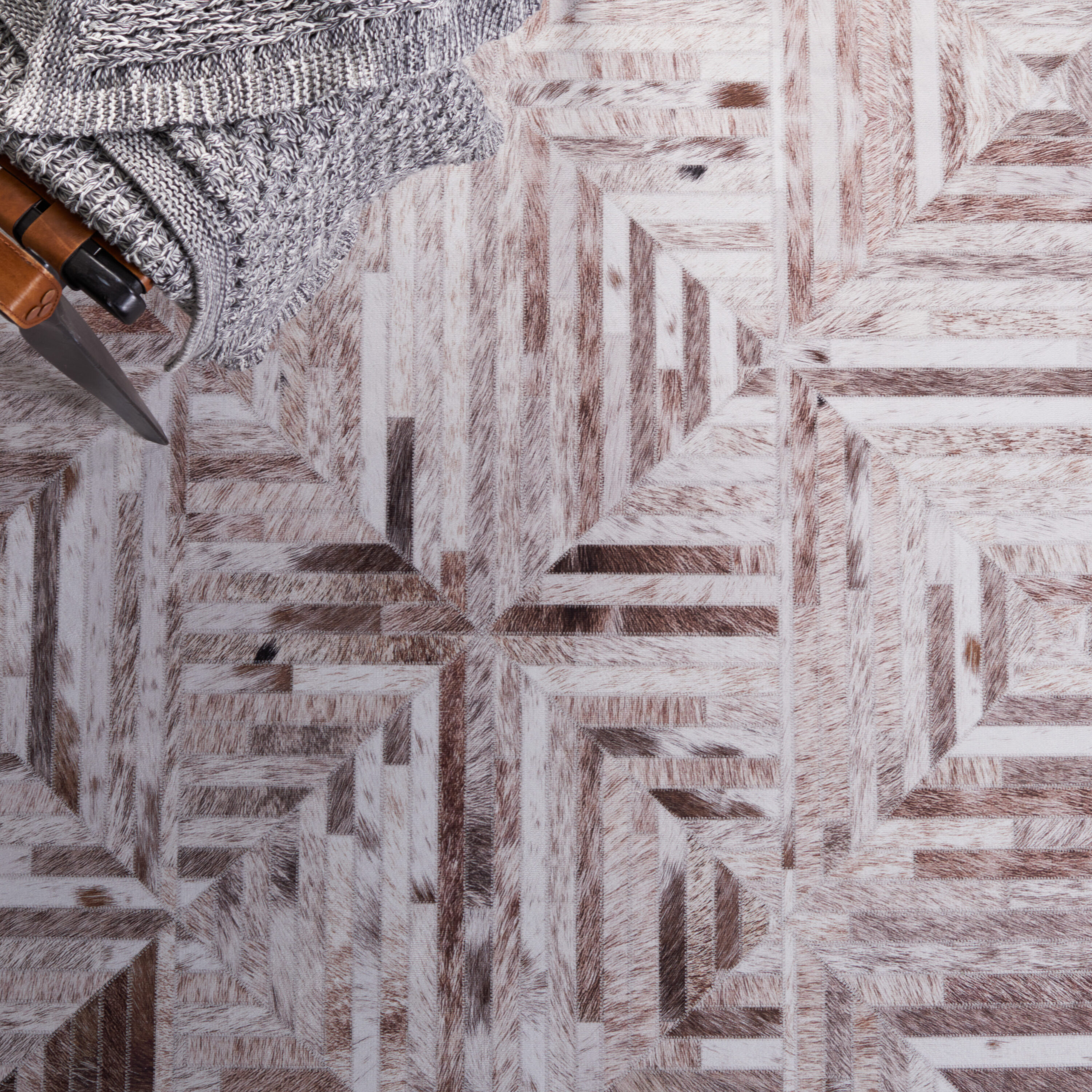 Beige and Brown Geometric Faux Fur 9' x 12' Rug