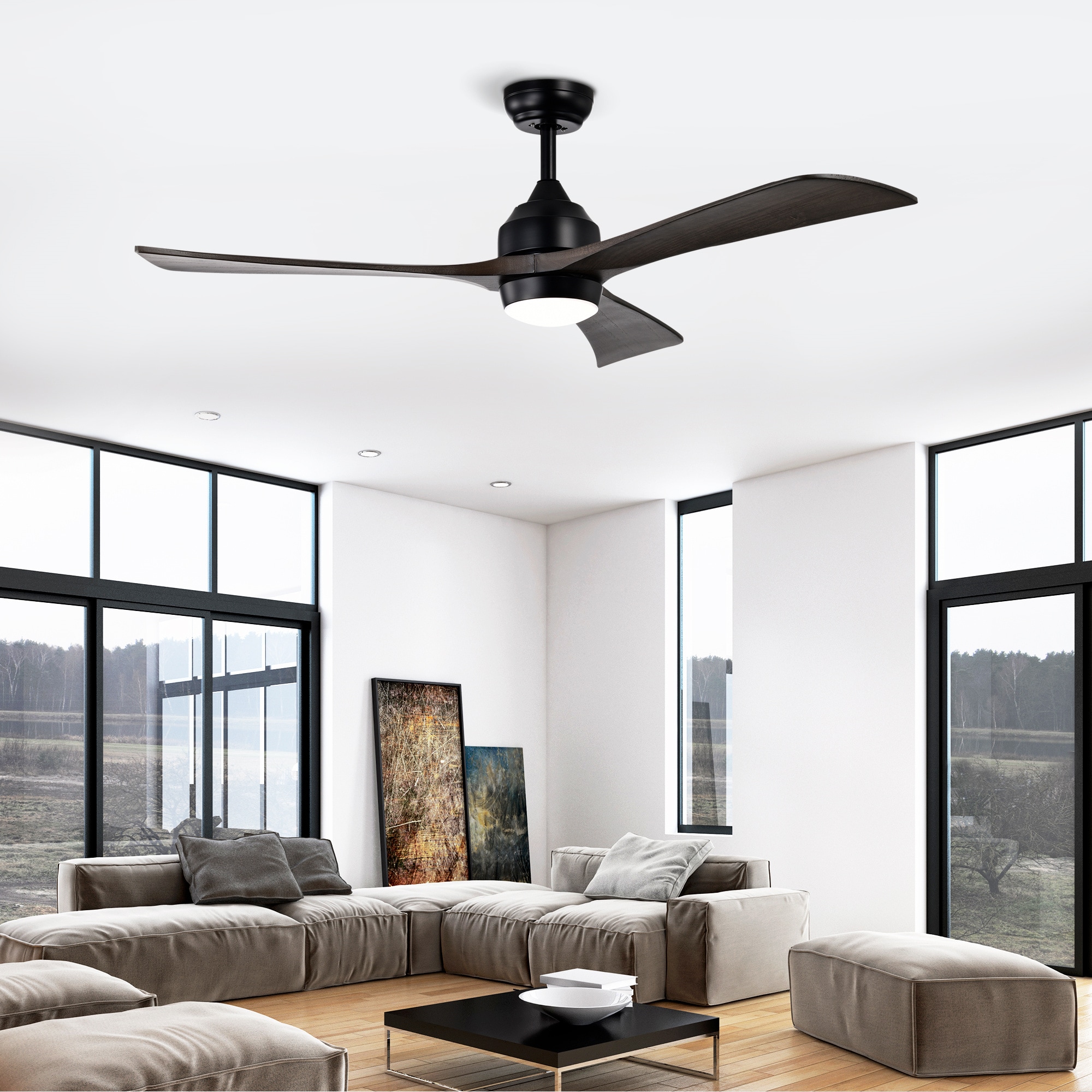 BABOOM BOM-9212261-OR 52-in Integrated LED Matte Black with Black Walnut Blades Ceiling Fan With Light - Remote Included ( 3 -Blade )