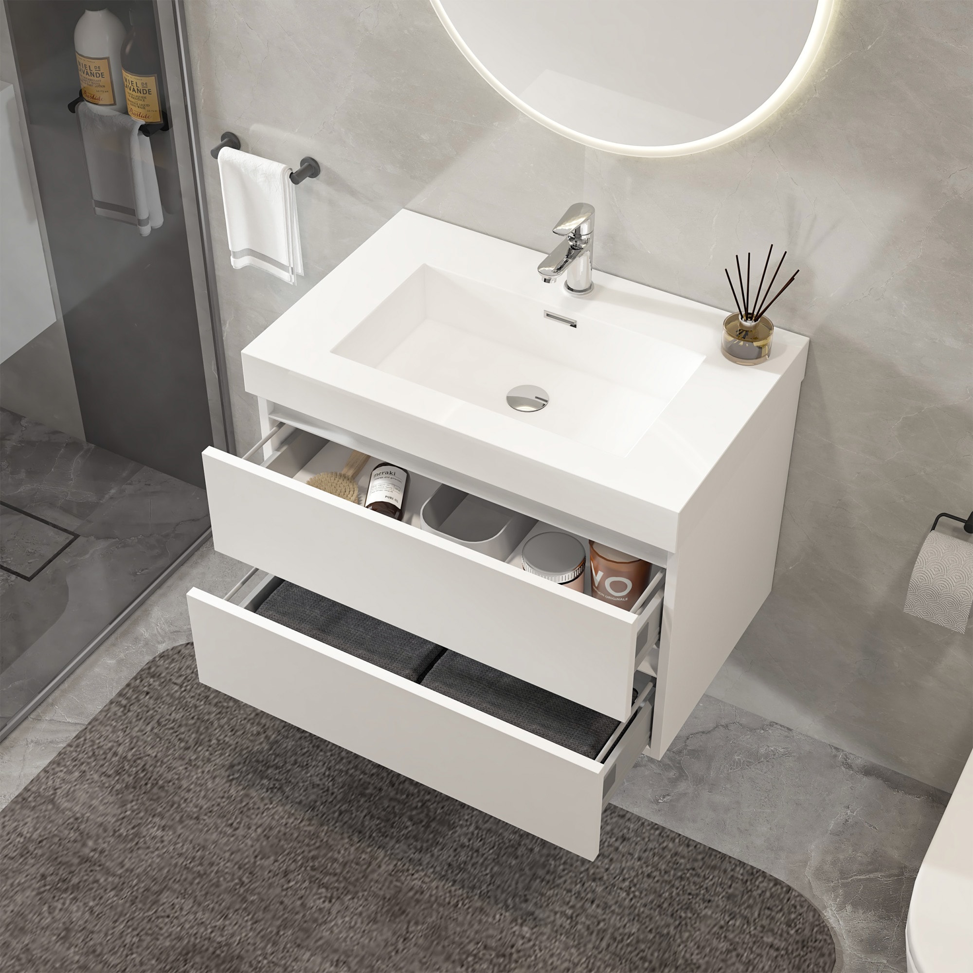 Glossy White Wall-Mount Single Sink Bathroom Vanity with Resin Top
