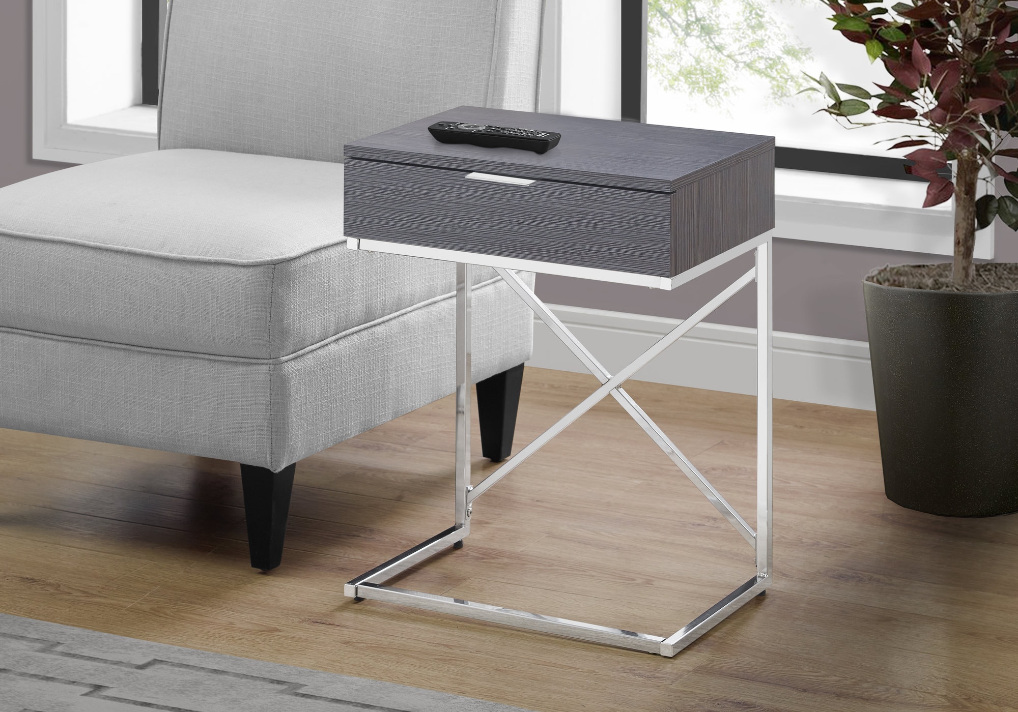 LUXEYARD Accent Table Side End Nightstand Lamp Storage Drawer Living Room Bedroom Grey Laminate Chrome Metal Contemporary Modern
