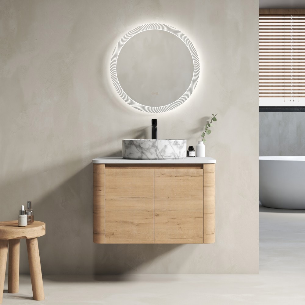 Basdien 30 in Brown Wall Mount Bath Vanity Ceramic Art Sink Soft Close Double Doors Modern Style Plywood KD Packing Scratch and Water Resistant Melamine Surface Saving Space Floating Design Easy Clean Stone Basin Eco Friendly Paint Free Boards