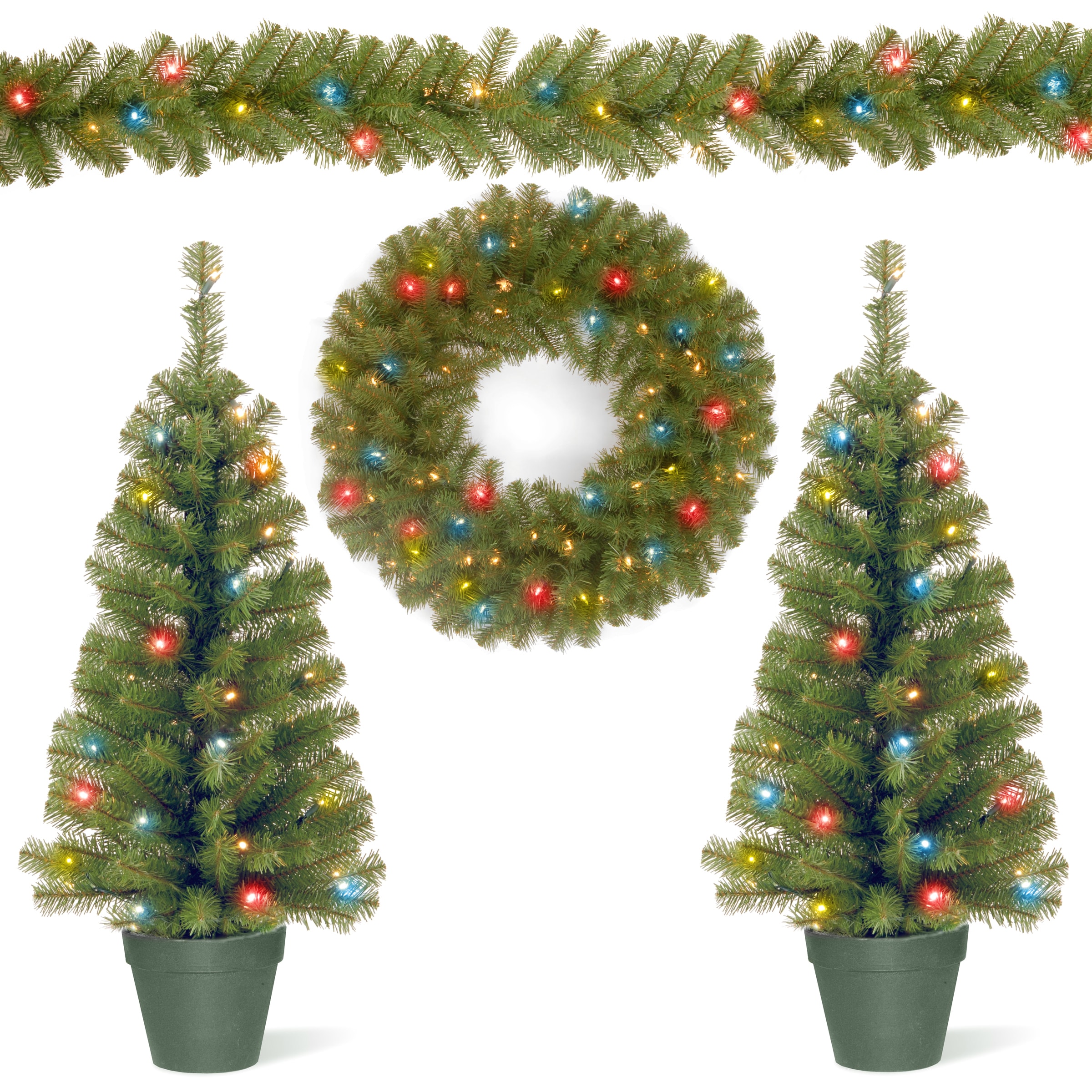 National Tree Company 3-Piece Feel Real Artificial Buzzard Pine Battery-Operated LED 5-ft. Entrance Tree in Pot, 24-in. Wreath & 6-ft. Garland Set