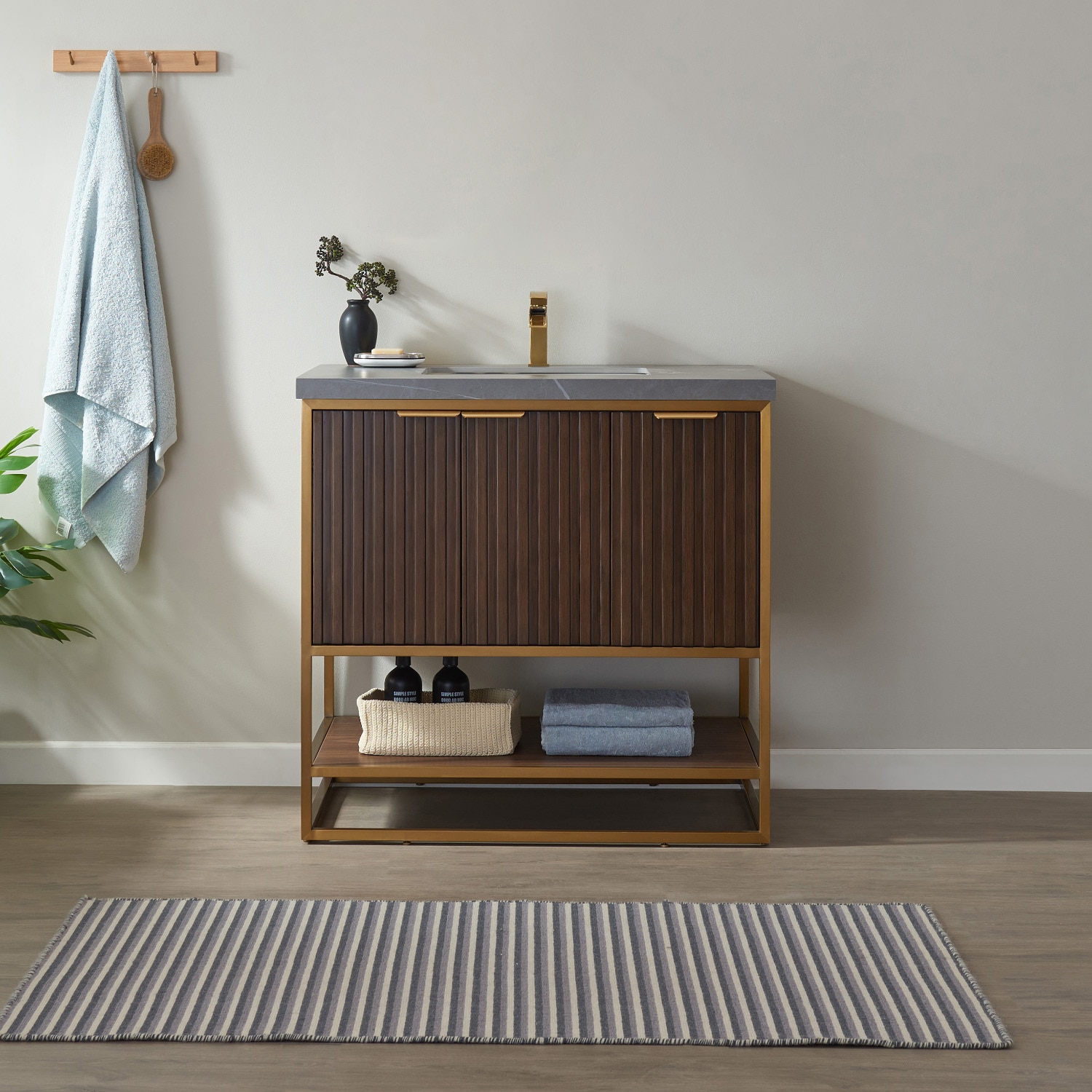 Vinnova 737036-NLW-ALB-NM Donostia 36-in Walnut Undermount Single sink Bathroom Vanity with Gray Limestone Top