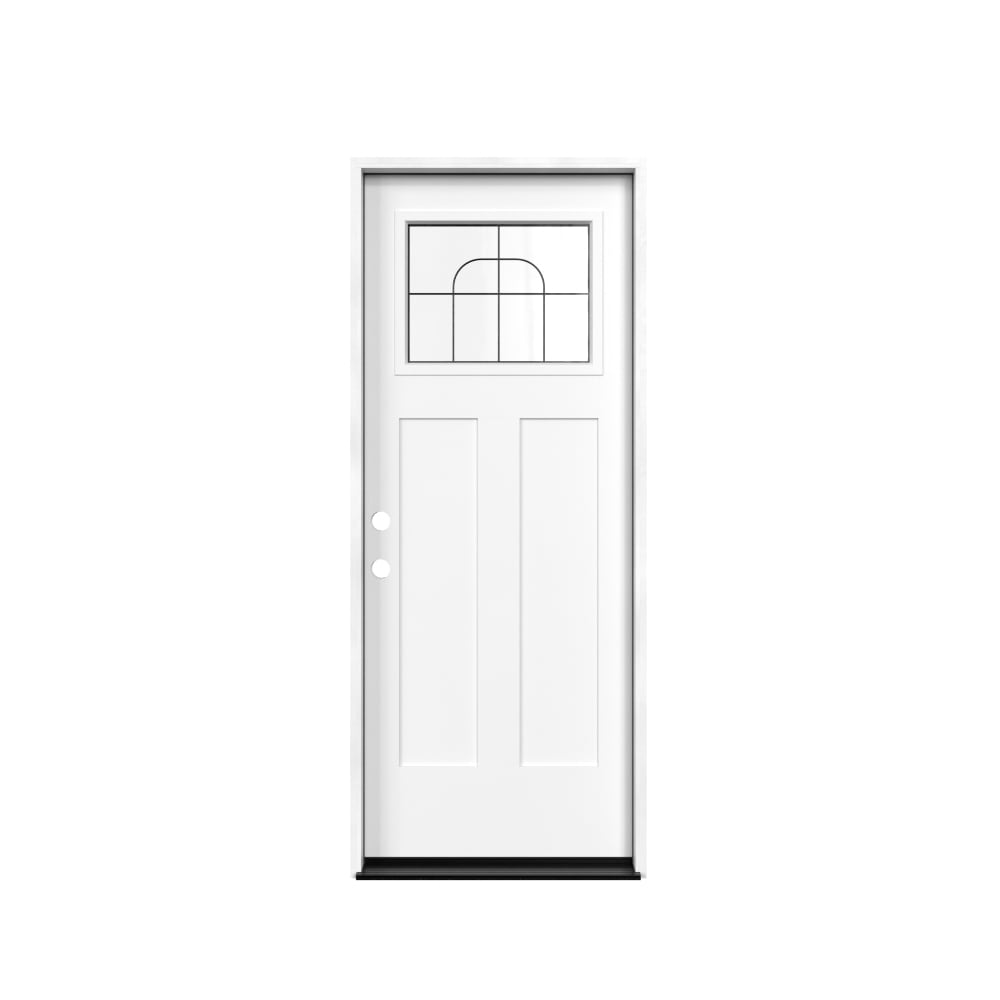 Masonite 641820 M-Protect Arlo Glass 32-in x 80-in x Fiberglass Craftsman Right-hand inswing Primed Painted Prehung Slab Front Door with Brickmould Solid core