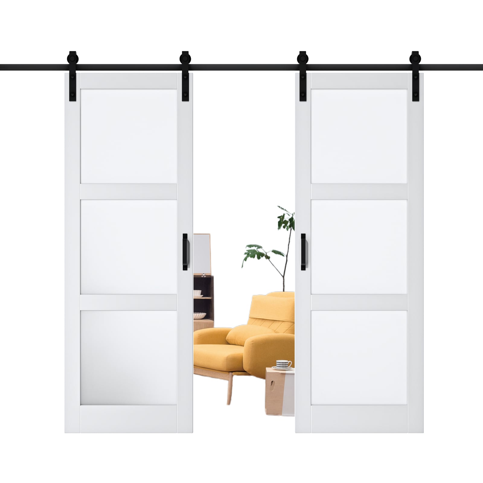 JUJUBON IN-BDBD1-3G-72 72-in x 84-in White Square Frosted glass MDF Solid core Double Barn Door (Hardware Included)