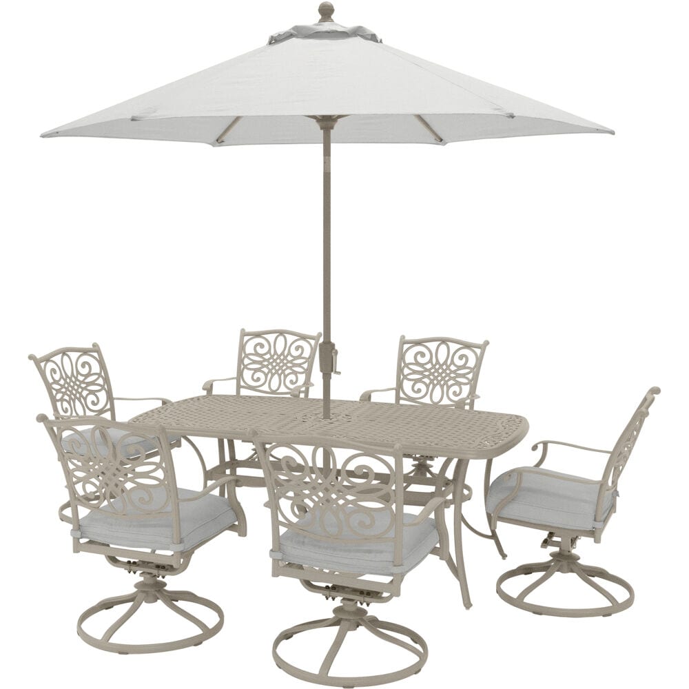Hanover TRADDNSD7PCSW6-BE-SU Traditions 8-Piece Off-white Patio Dining Set Aluminum Rectangle Table with 6 Off-white Cushions Swivel Rocker Chairs (Fire Pit Included)