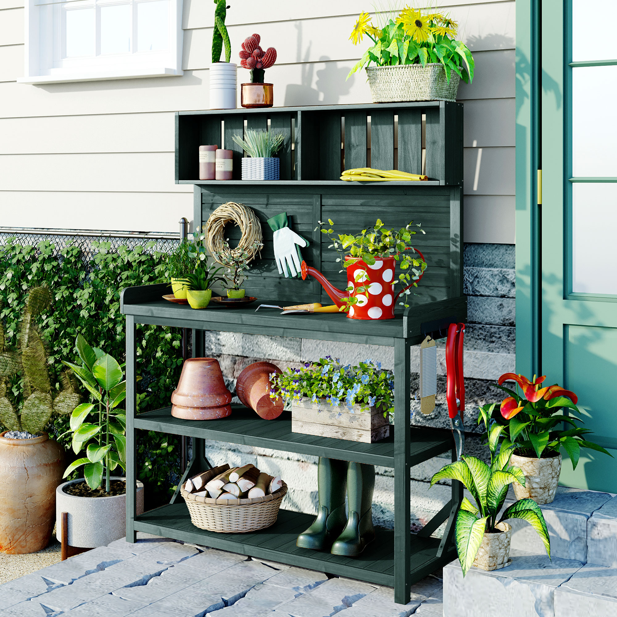 ModernLuxe N717P221495F 65 Large Wooden Farmhouse Rustic Outdoor Potting Bench TablePatio WorkstationGarden Potting Bench with 4 Storage Shelves and Side HookForest Green