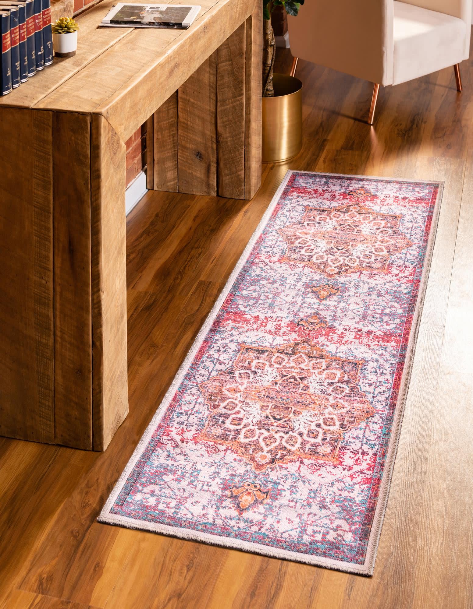 Unique Loom 3166602 Renaissance 2 x 10 (ft) Loomed Polyester Ivory Orange Washable Rectangular Indoor Medallion Runner rug