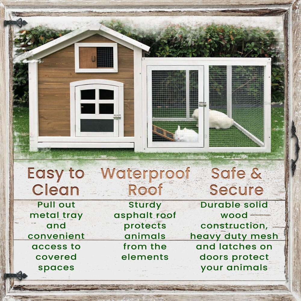 Brown and White Wooden Chicken Coop with Wire Mesh Run