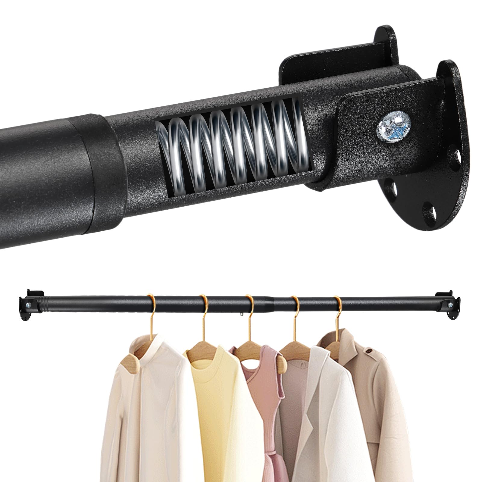 Adrinfly  Stepless Spring Adjustable Closet Rod with U Shaped Brackets Heavy Duty Metal Rod for Hanging Clothes from 17 to 159 Inches